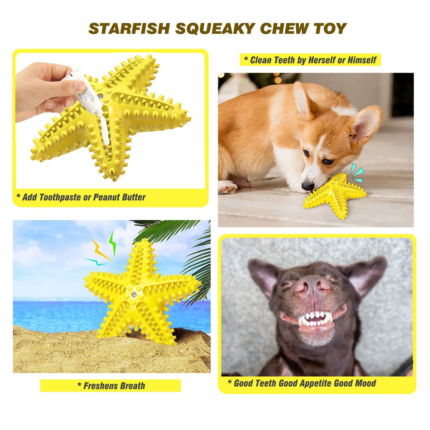 IDOLPET Dog Chew Toys Squeaky Dog Toys Dog Water Floating Toys Starfish Natural Tooth Brush Teeth Cleaning Toy for Small Medium Dog Yellow