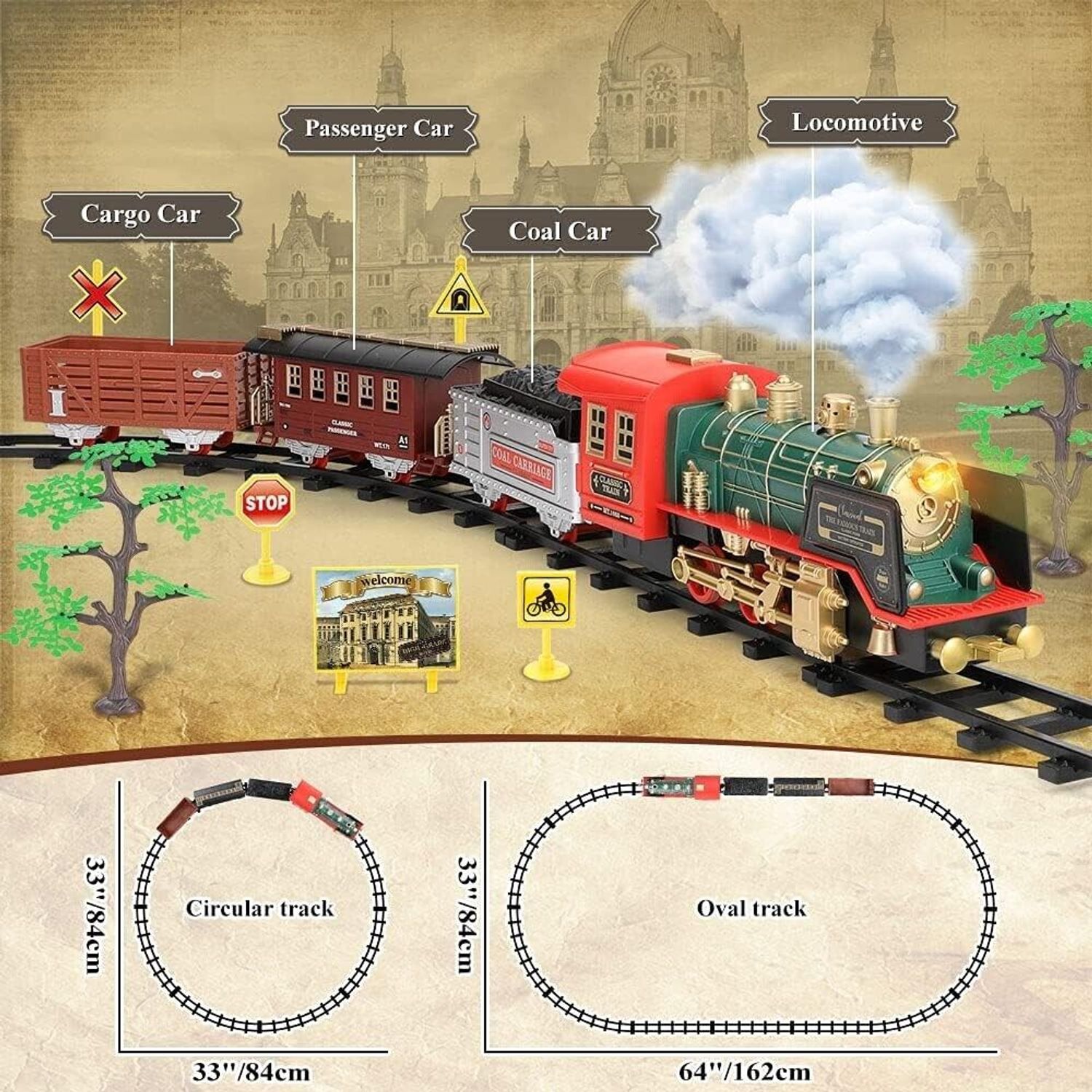 Christmas Electric Train Set with Remote Control, Sound, Light & Tracks, Kids 3+