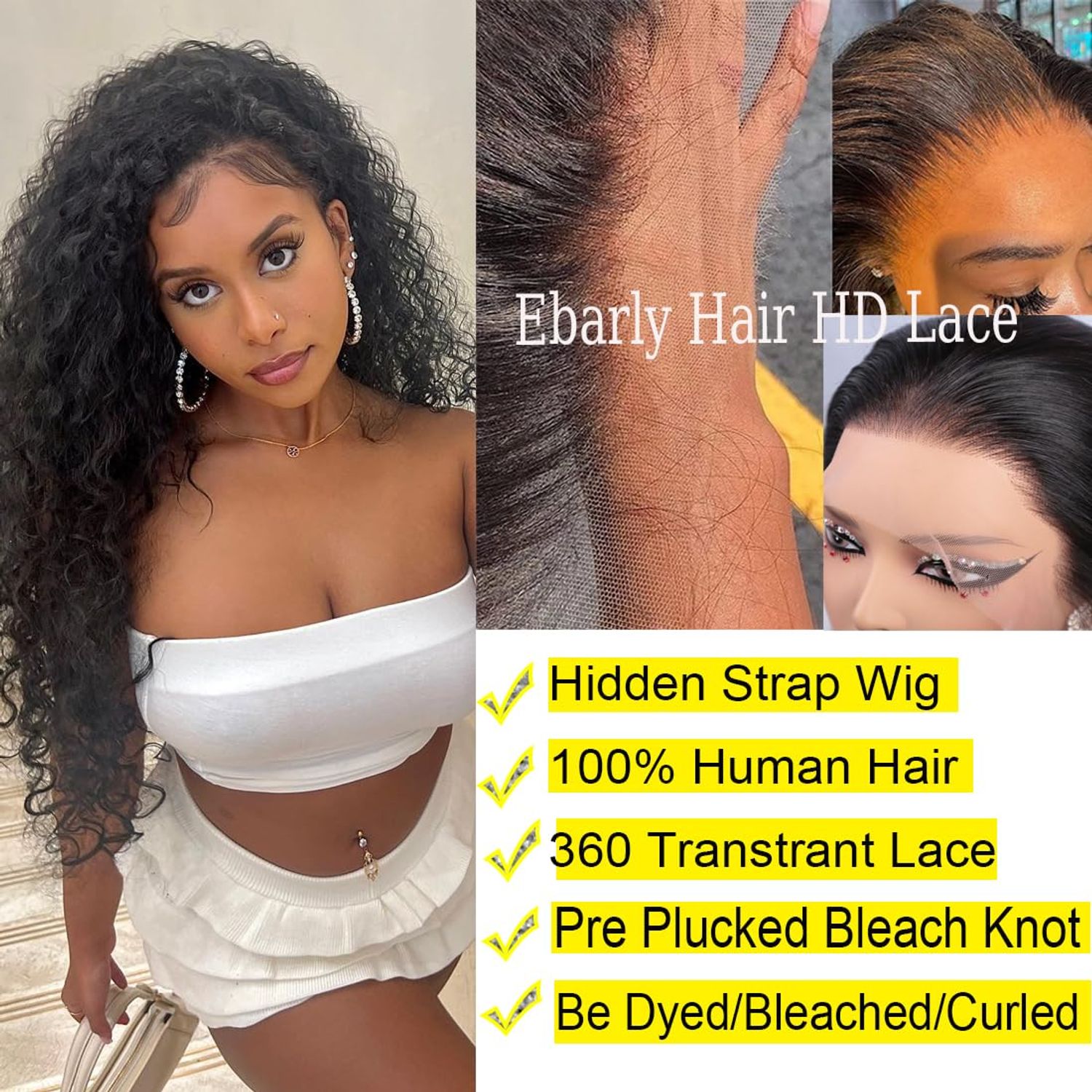 Ebarly Hidden Strap 360 Water Wave Lace Front Wigs Human Hair Pre Plucked 180% Density Curly Full Lace Human Hair Wigs Bleached Knots Wet and Wavy HD Lace Frontal Wig for Women 26 inch