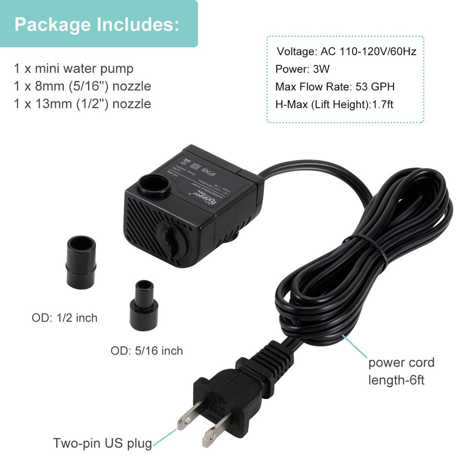 hygger Ultra Quiet 53GPH (200L/H, 3W) Submersible Mini Water Pump Comes with 2 Nozzles, for Aquariums, Fish Tank, Fountain, Hydroponics, Max Lift Height 1.7ft ,120V/60HZ, Power Cord 6ft