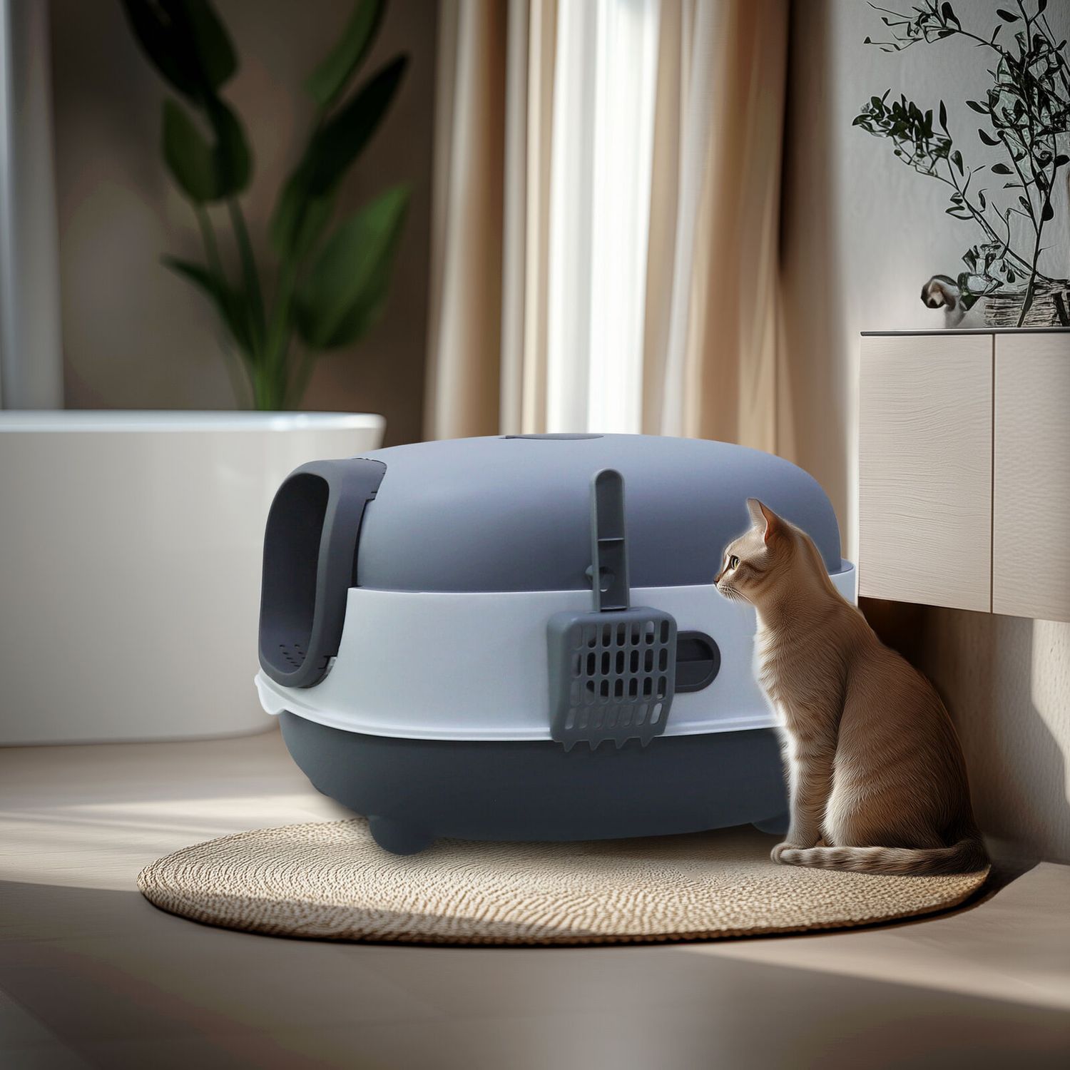 Compact Enclosed Cat Litter Box with Litter Scoop Plastic Cat Toilet Easy Clean