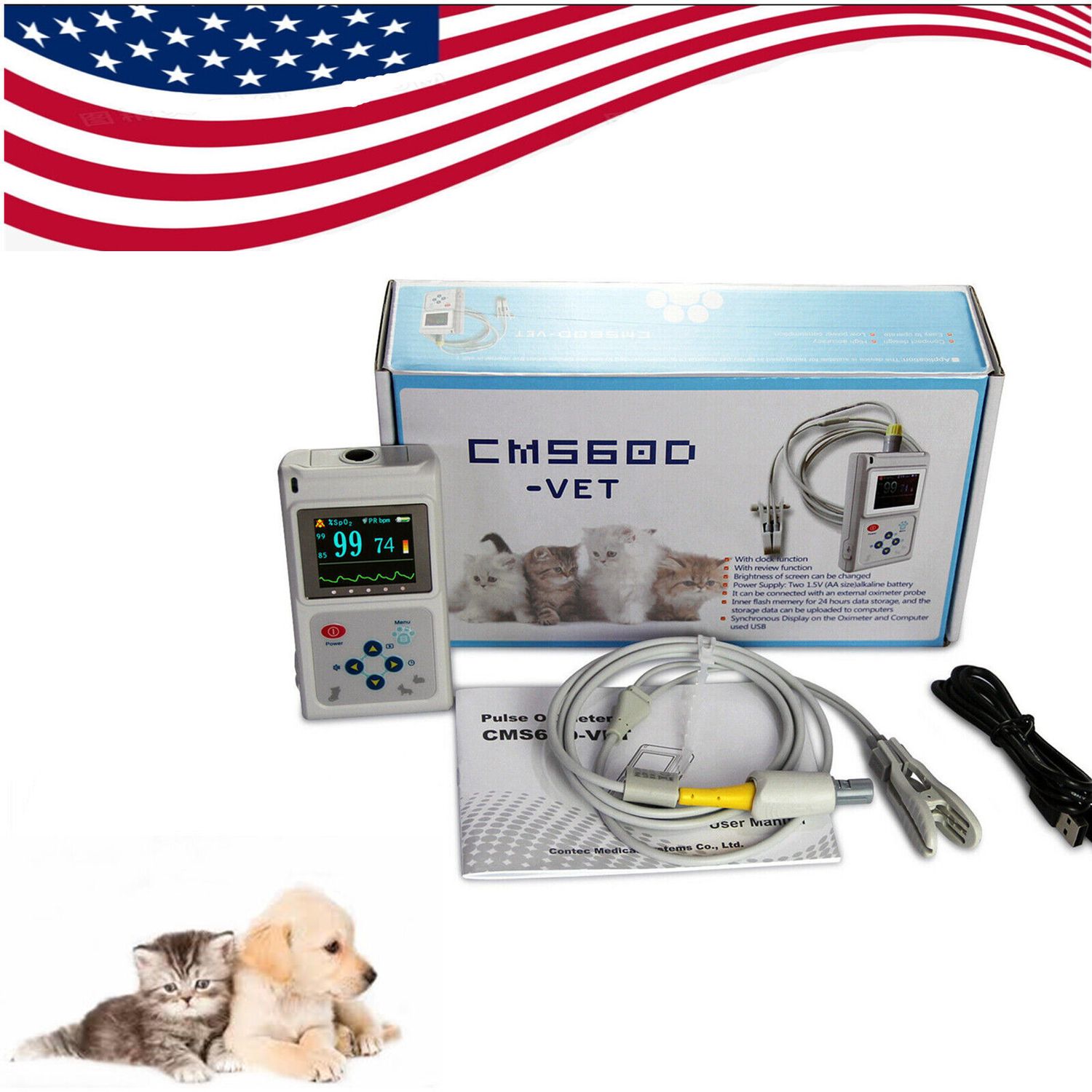 CONTEC CMS60D-VET Veterinary Pulse Oximeter Spo2 Probe PR Monitor Color Display
