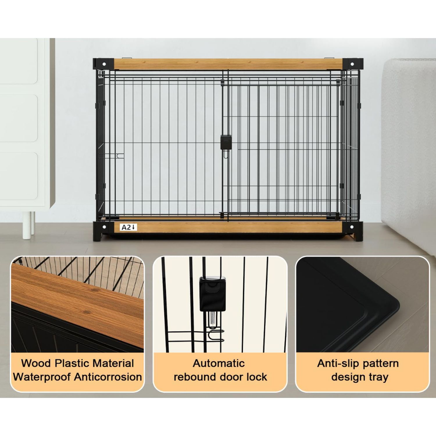 Wood Dog Crate Cage Removable Cleaning Tray Kennel Double Doors 30"x 21"x 23"
