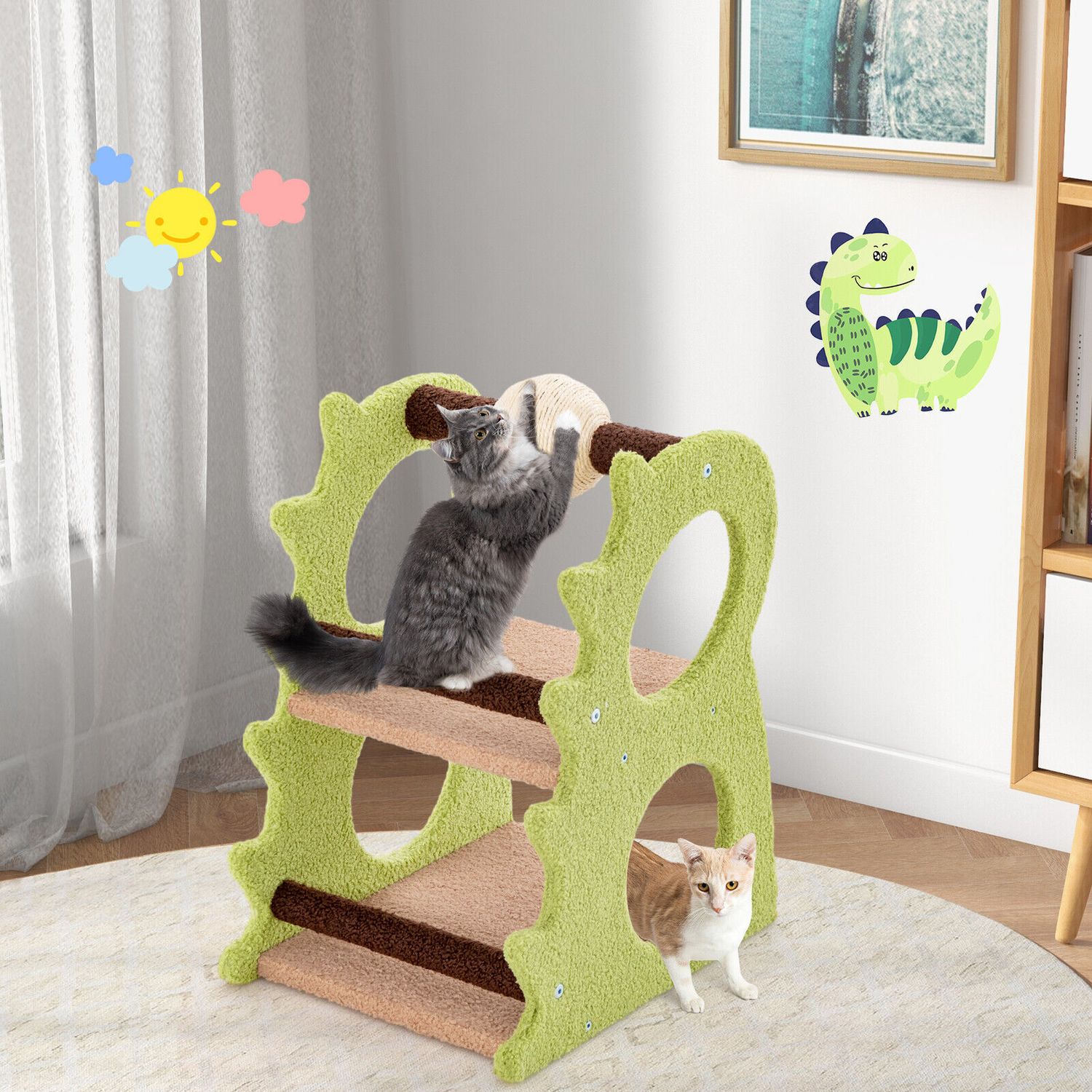 2-Tier Dinosaur Cat Tree Tower w/ Rotating Scratching Sisal Ball Climbing Rods