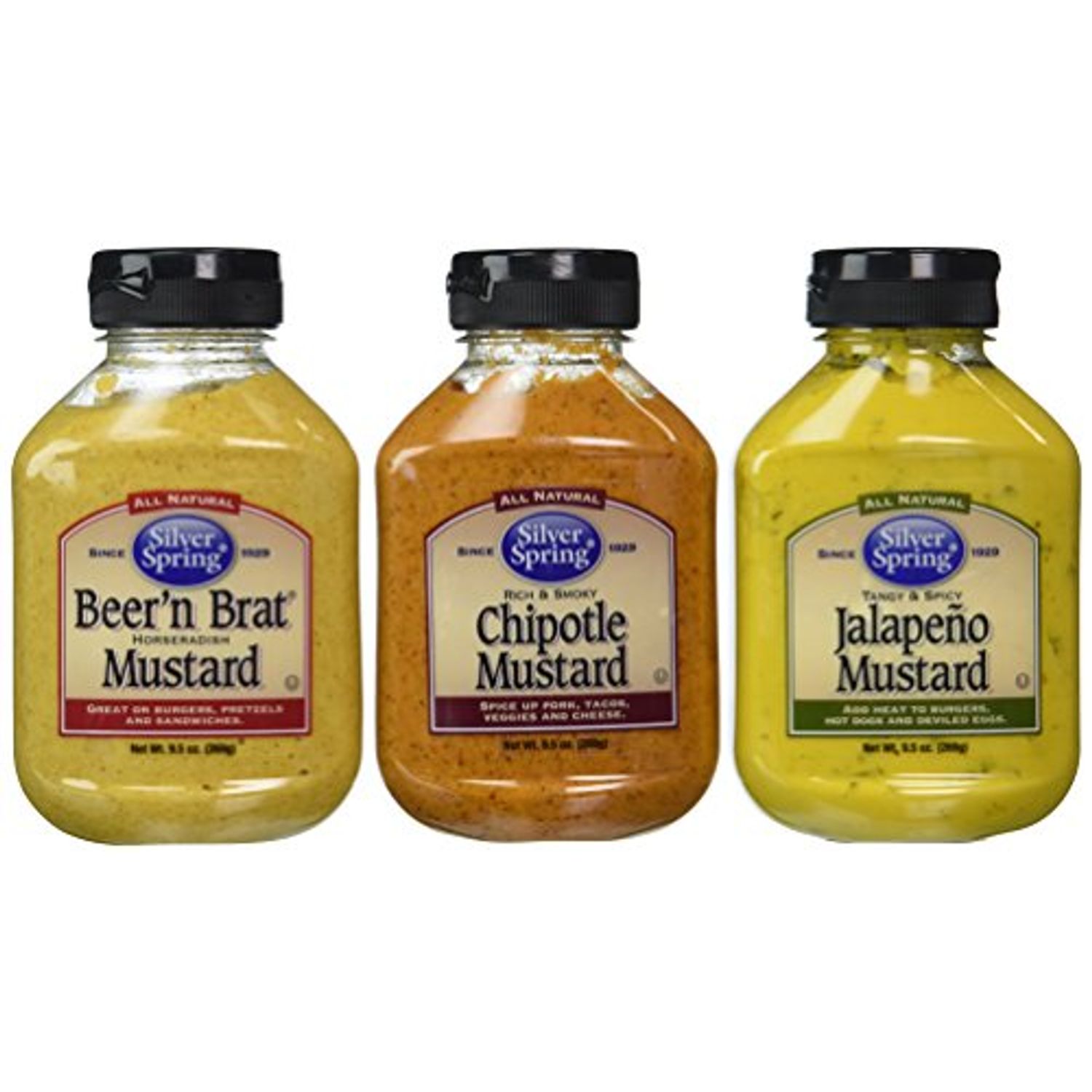 Silver Spring All Natural Mustard 3 Flavor Variety Bundle: (1) Silver Spring Beer'n Brat Horseradish Mustard, (1) Silver Spring Rich And Smoky Chipotle Mustard, and (1) Silver Spring Tangy & Spicy Jalapeno Mustard, 9.5 Oz. Ea. (3 Total)