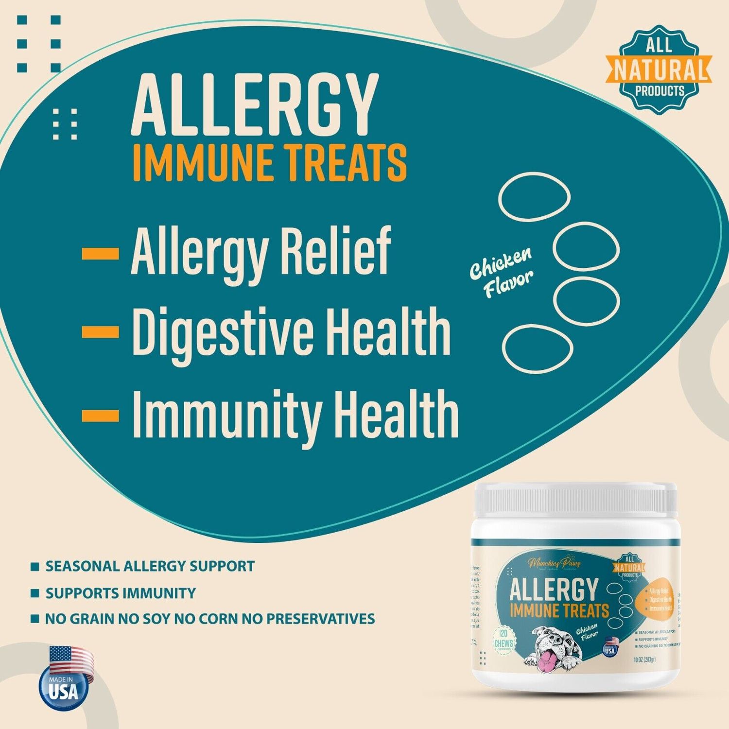 MunchiesPaws Chicken Flavor Allergy Relief Immune Support Dog Treats – 120 Soft