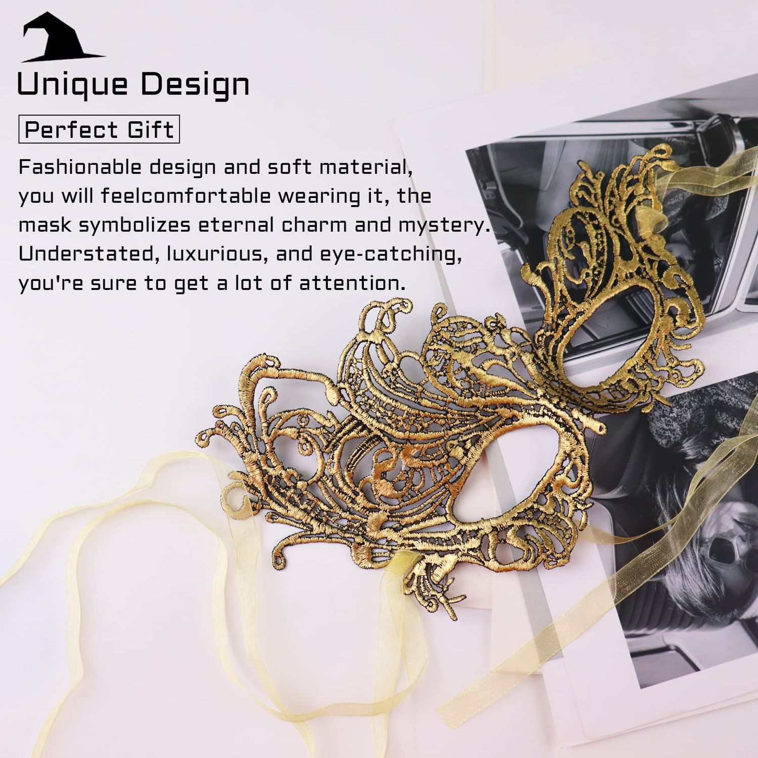 Masquerade Mask for Women Lace Masks Venetian Masquerade Party Costume Party Halloween Carnival Fit for Adults, Soft & Black (Classic - Gold)
