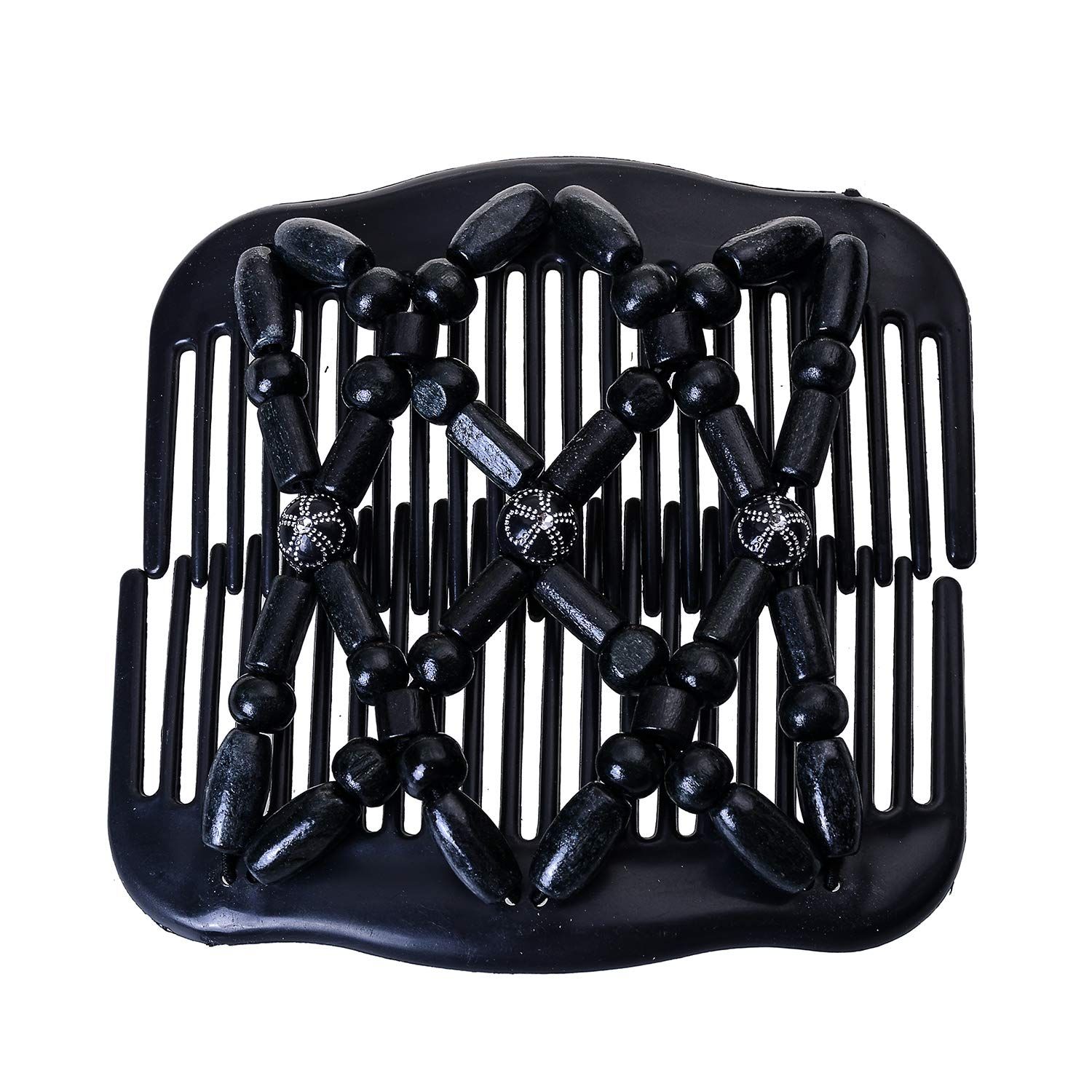 LOVEF Women Magic Hair Combs Wood Beaded Stretch Double Side Combs Clips Bun Maker Hair Accessories (Bead Back)