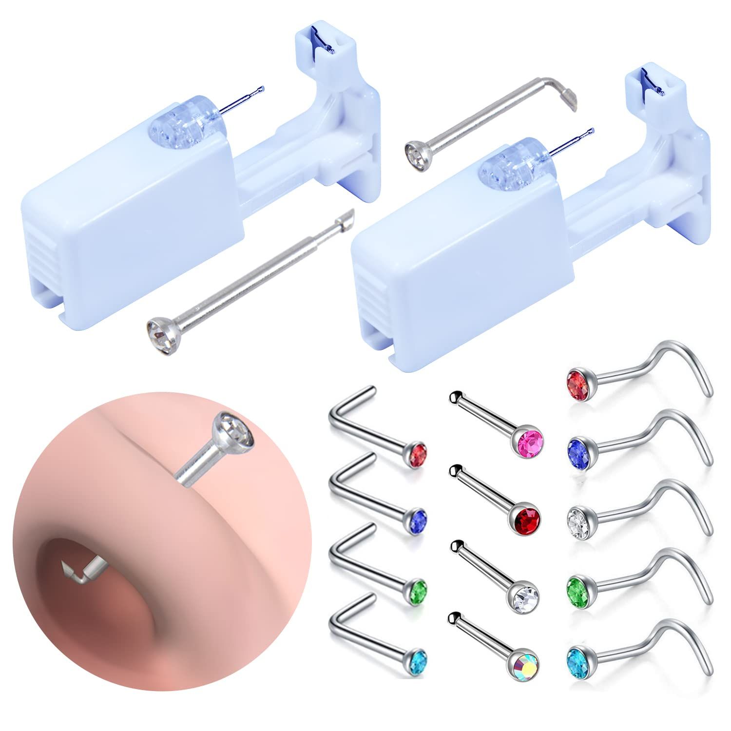 Firstomato 2 Pack Self Use Nose Piercing Gun Safe Nose Piercing Kit Tool Painless and Allergy Free Nose Piercer with Hypoallergenic Nose Studs