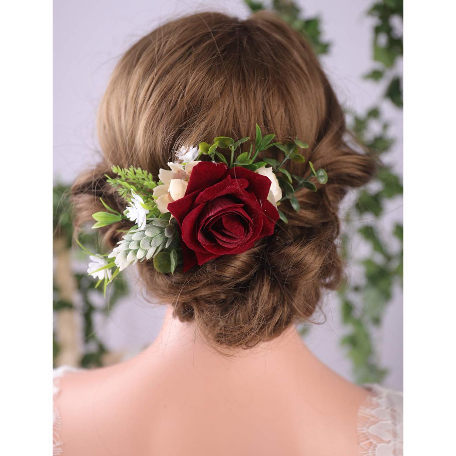 Anglacesmade Bridal Flower Hair Comb Burgundy Dark Red Rose Cream Daisy Eucalyptus Greenery Headpiece for Rustic Wedding Photo Shoot Prom Party Festival