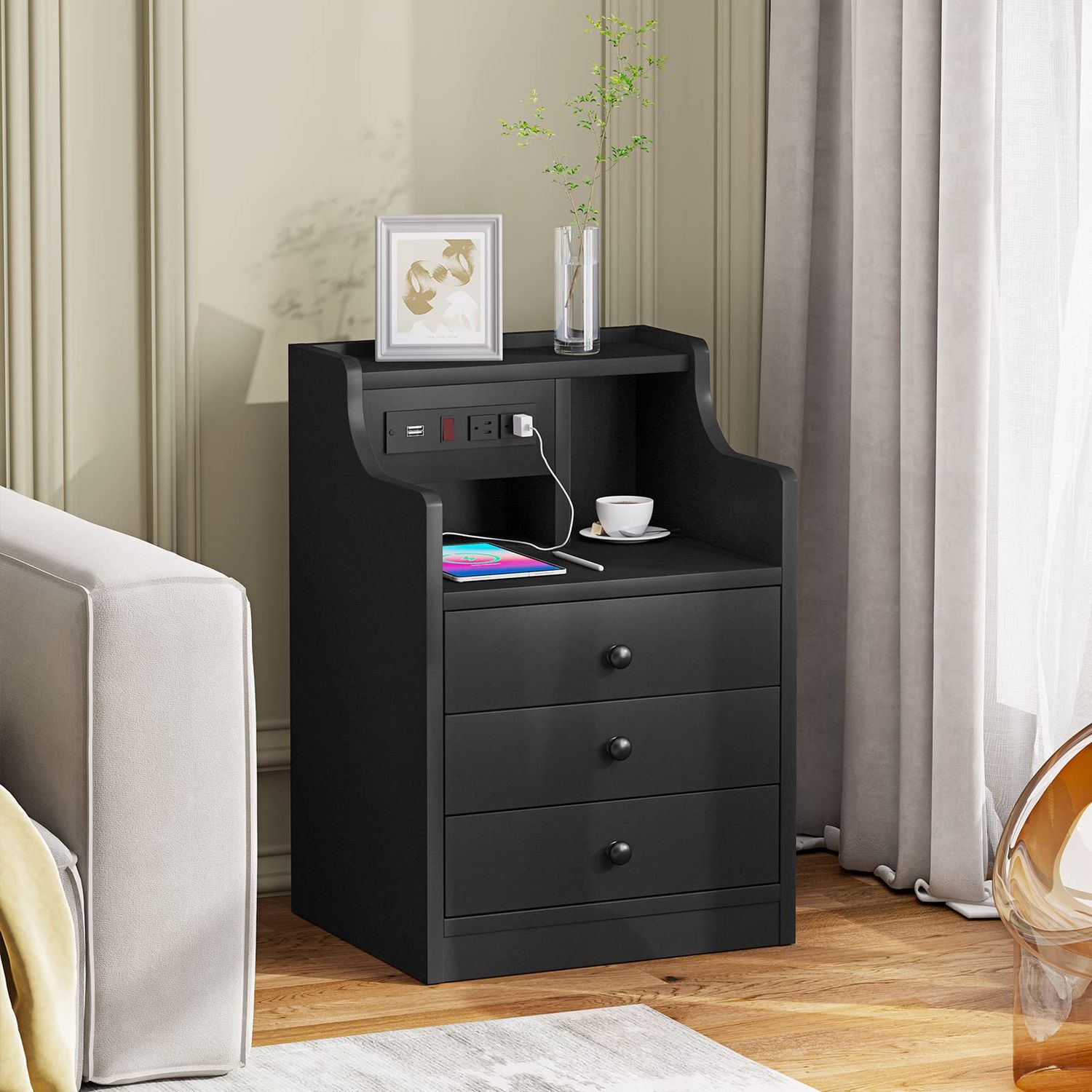 Tiptiper Black Nightstand with Charging Station 3 Drawers, Wood Sofa End Side Table with USB Ports and Outlet, Bedside Table Bedroom Nightstand with Sliding Drawer & Hutch