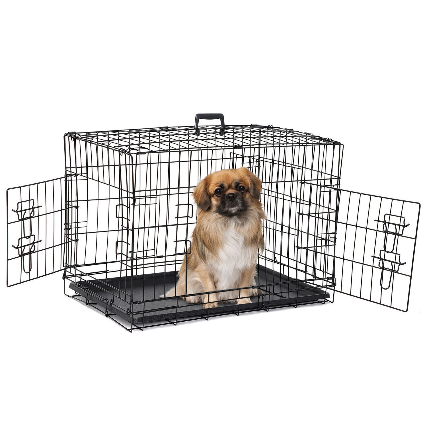 30" Durable Dog Crate Kennel 2 Door Folding Metal Pet Cat Cage with Tray Black