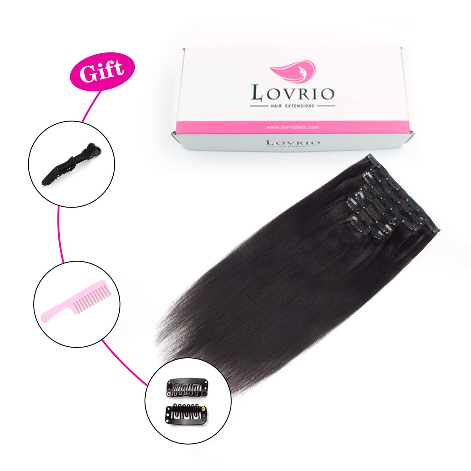 Lovrio 9A Yaki Straight Clip in Human Hair Extensions Double Weft Straight Clip in Hair Extensions Human Hair for Black Women 16 Inch Natural Black Yaki Clip ins Hair 120 Grams 7 Pieces With 17 Clips