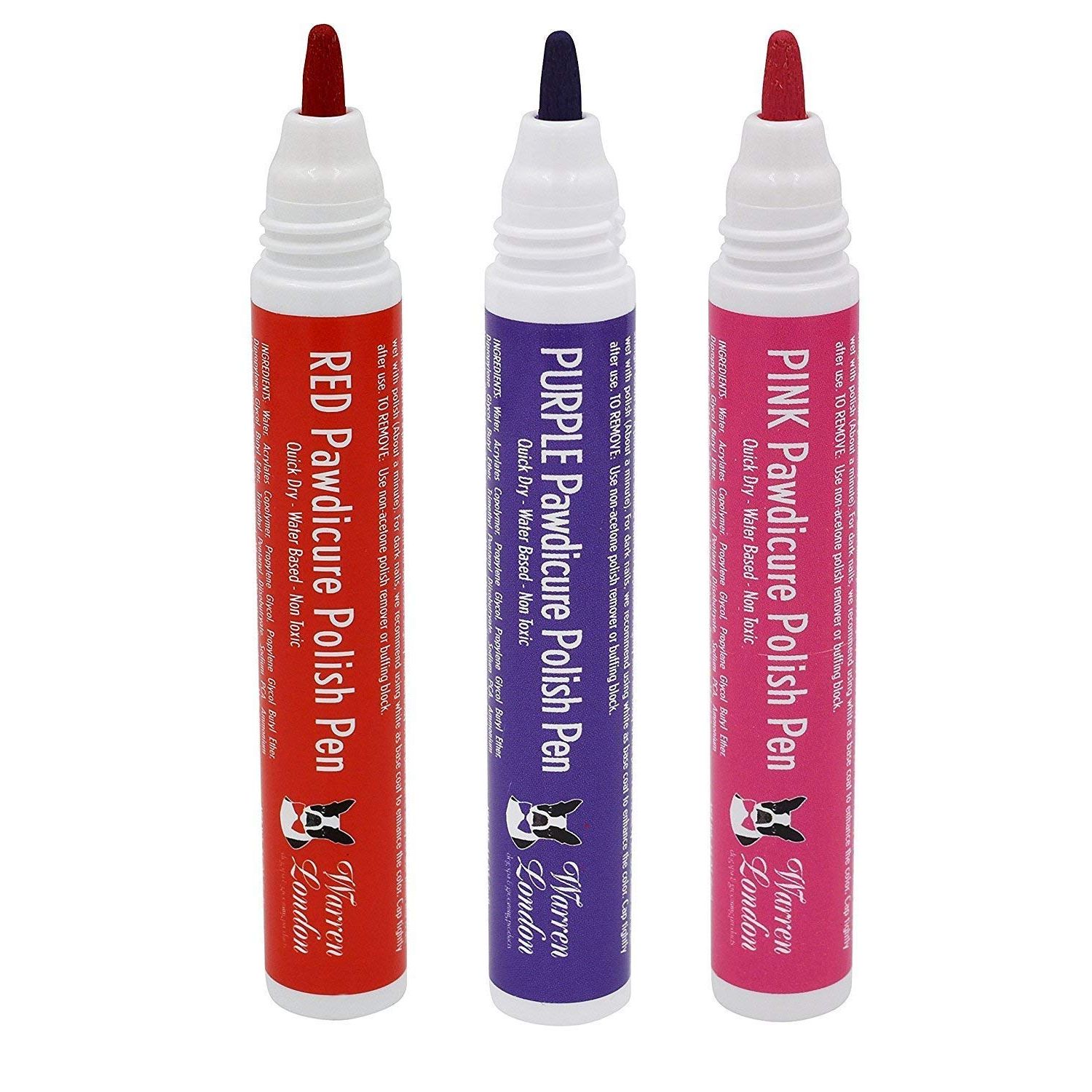 Warren London Pawdicure Dog Nail Polish Pens | Quick Dry, Low Odor, Non-Toxic Dog Accessories | Ideal for Dog Birthday, Dog Costume | Made in USA | 13 Colors | Pink Purp Red