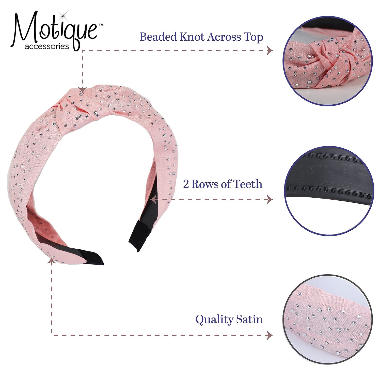 Motique Accessories Satin Turban Knot Headband with Silver Gems for Women and Girls (Light Pink Studs)