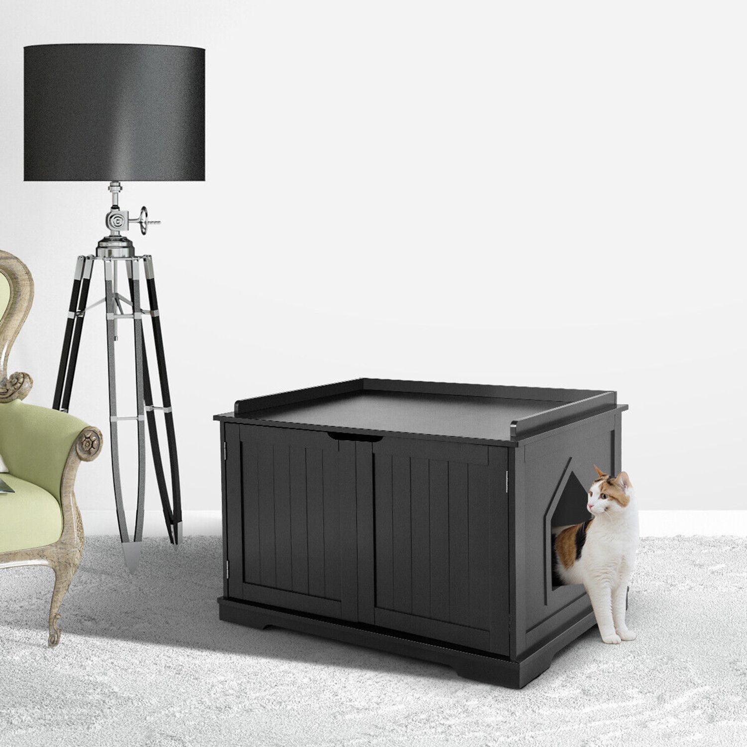 Costway Cat Litter Box Wooden Enclosure Pet House Washroom Storage Bench Black