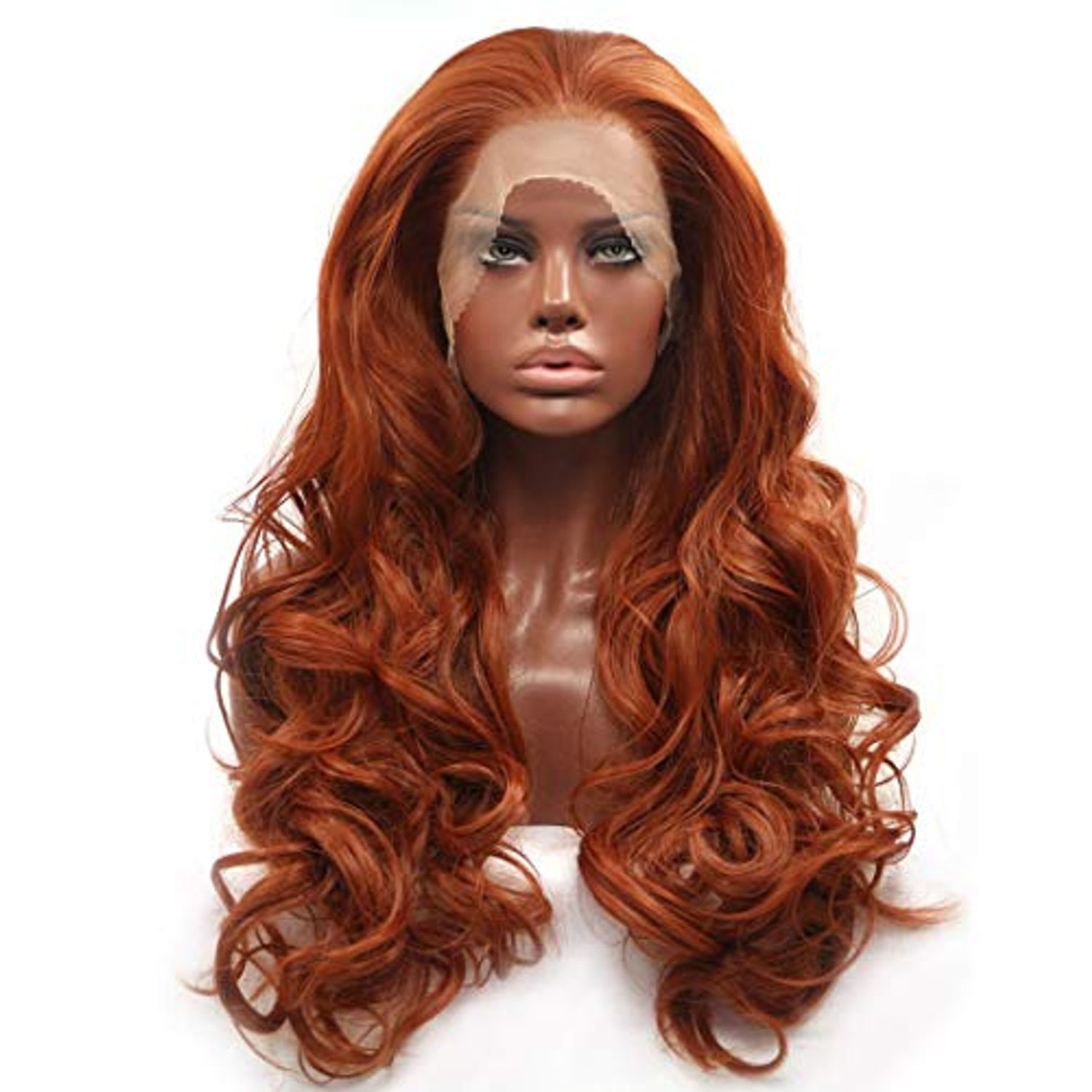 Rugelyss Fashion Glueless Auburn Copper Red 24Inch Long Natural Wavy Free Part Small Area Lace Front Wigs Heat Resistant Synthetic Hair Wig for Women (Copper Red)