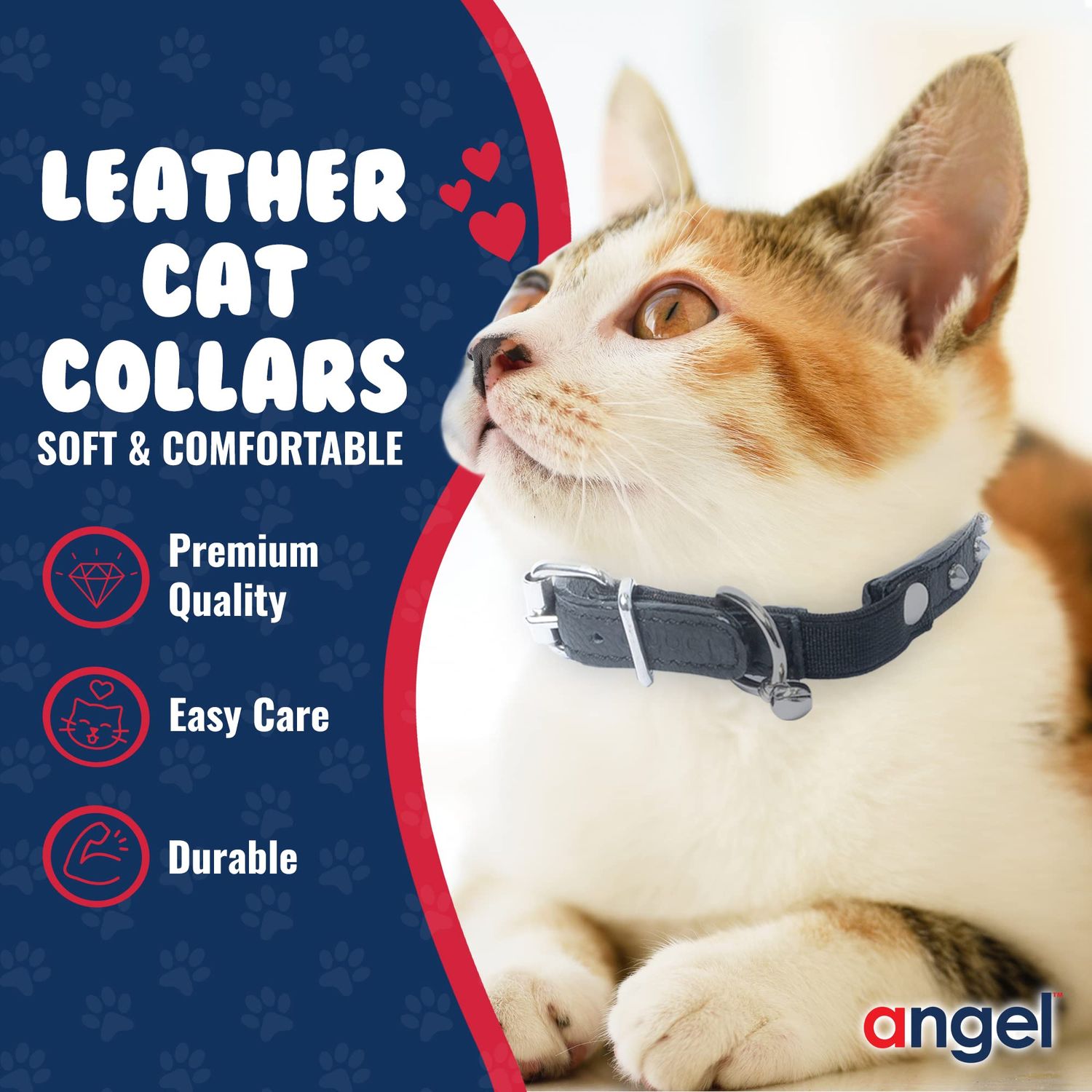 Studded Cat Collar, Genuine Leather Kitten Collar, Sturdy Breakaway Cat Collar, Water-Resistant Cat Collar with Bell & Elastic Stretch, Midnight Black, 10 x 1/2 inches - Angel Pet Supplies