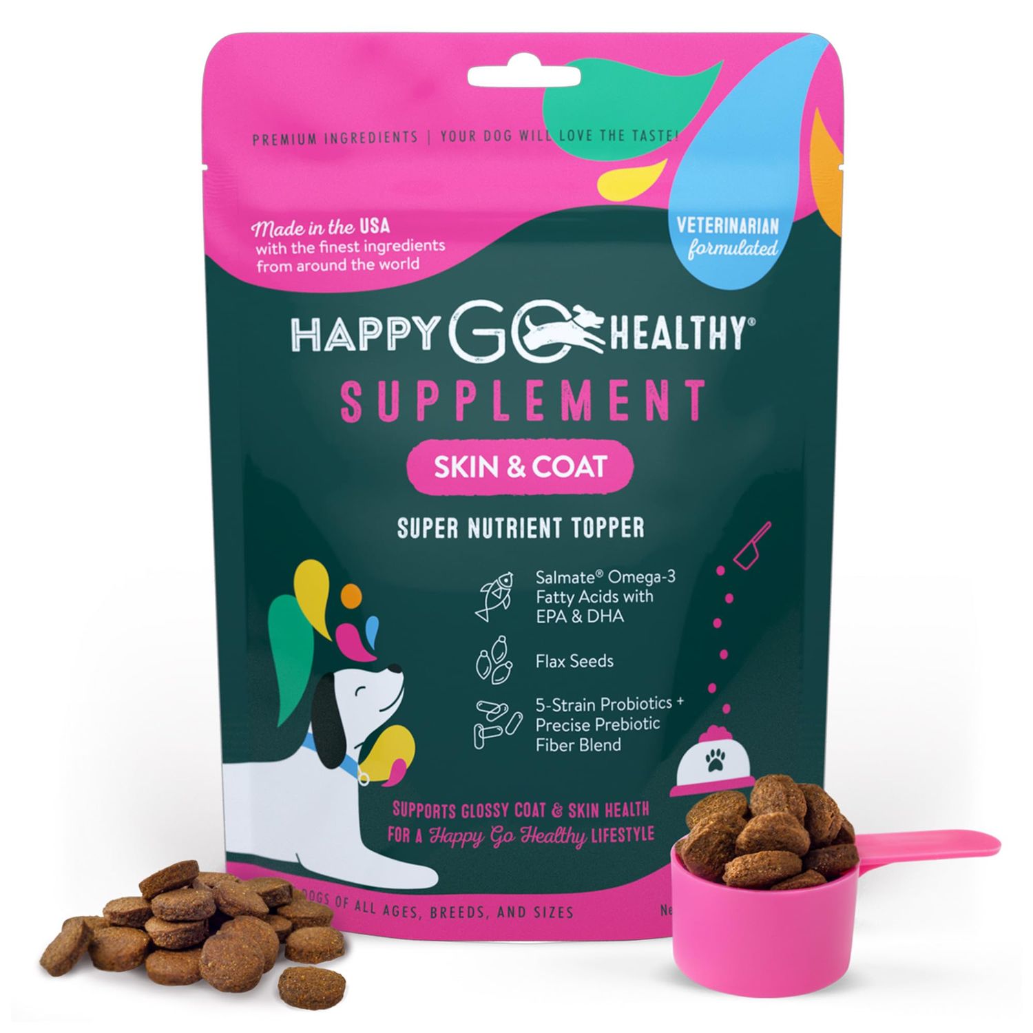 Happy Go Healthy Skin & Coat Supplements for Dogs | Dog Itching Skin Relief & Promotes Shiny Skin Coat for Dogs | Rich in Omega 3 All-Natural Ingredients Tasty Kibble Dog Food Topper | 21 Count Pack