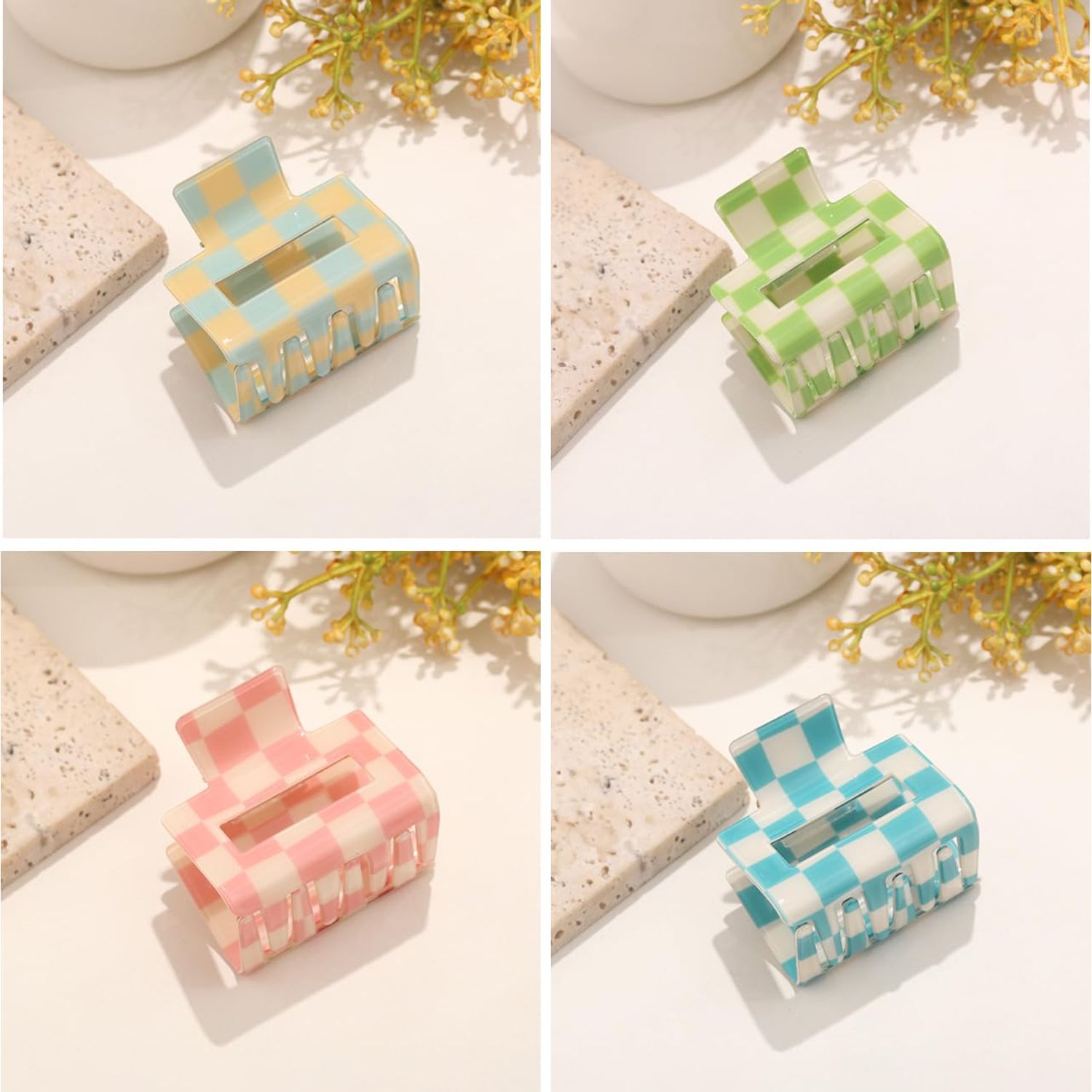 4 Pack Checkered Hair Claw Clips, BetterJonny Square Medium Checker Barrettes Cute Hair Claw Hair Clips Hair Accessories for Thick Thin Hair for Women Girls