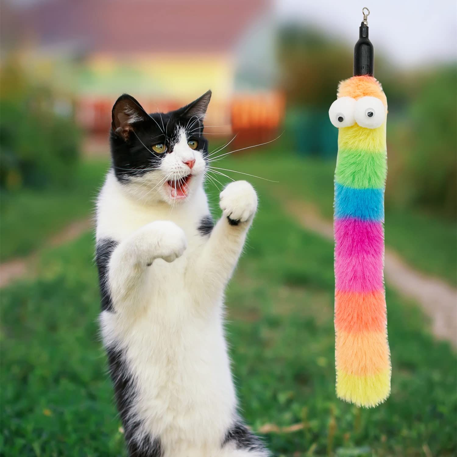 CATENESS Cat Wand Feather Toys, 1 PCS Elasticity Cat Toy Wand and 8 PCS Worms Refills, Interactive Teaser Wand Toy for Indoor Cats Play Exercise