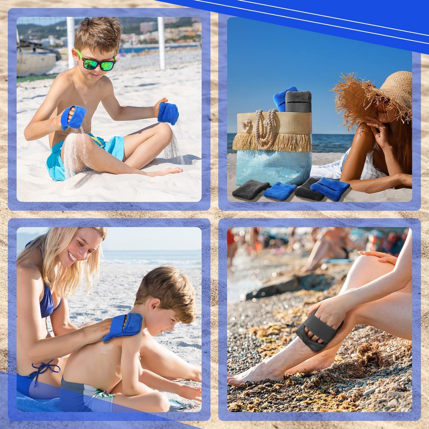 Frienda 4 Pcs Sand Remover for Beach Sand Removal Bag Sand Wipe off Mitts Sand Cleaner Powder Pouch Surf Sand off Beach Accessories Beach Essentials for Vacation Camping, 2 Sizes