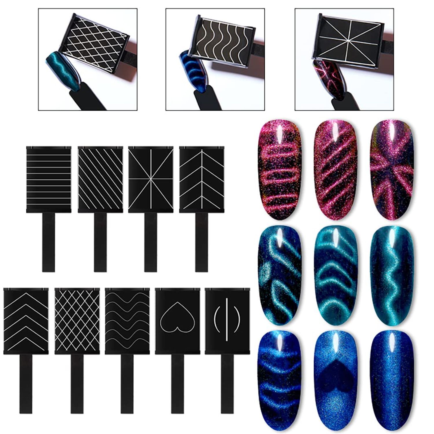 XEAOHESY 60 Pieces Cat Eye Magnet for Nails Beads Cube Nail Magnet Multi-Functional Nail Magnet Wand Magnet Stick Magnetic Pen 9 Nail Magnet Plates With Different Patterns for Cat Eye Gel Nail Polish
