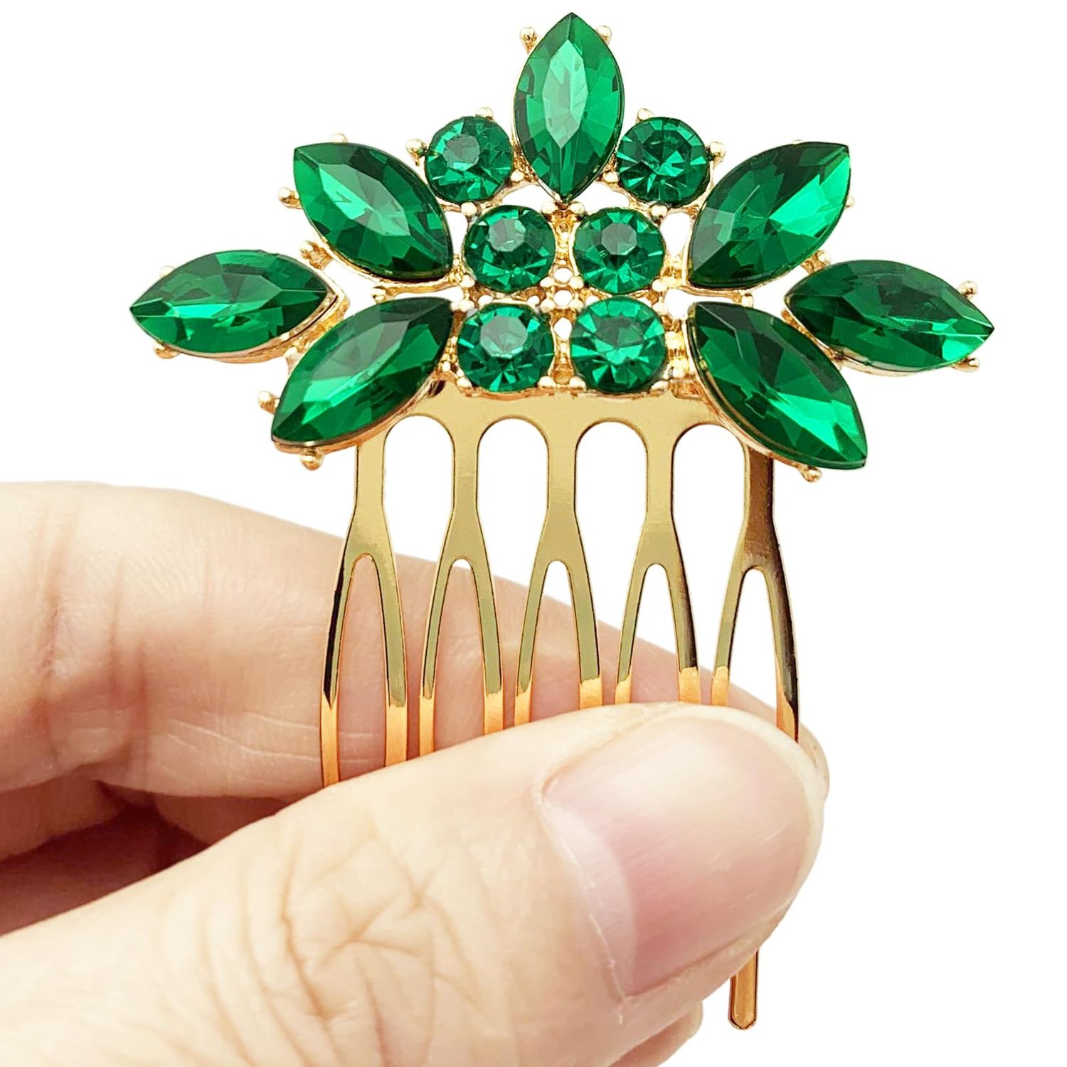 BETITETO Bridal Crystal Hair Piece with Comb 3 Pieces Small Rhinestone Wedding Gold Hair Pins Accessories for Women Girls (Green)
