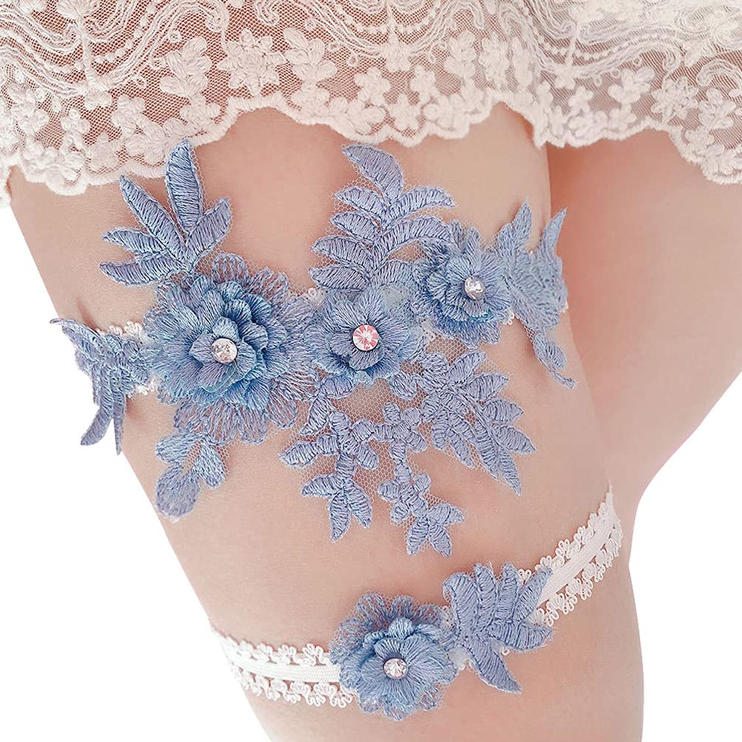 Wedding Garters for Bride Lace Bridal Garter Belt Set with Floral Stretchy Blue Garter