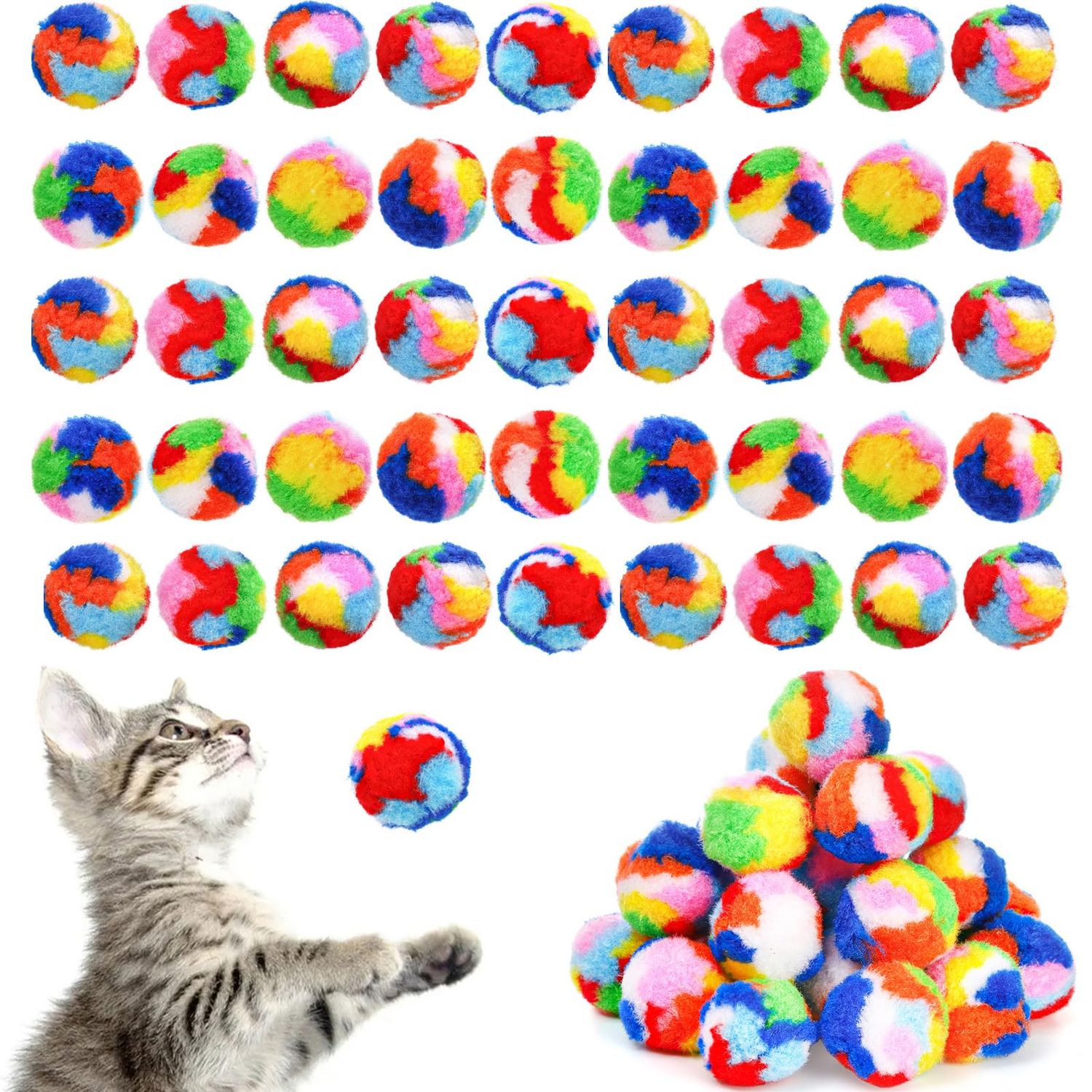 Nicunom 60 PCS Soft Pom Pom Balls for Kittens, 1.7" Catnip Furry Cat Toys Ball Bulk, Quiet Cats Pom Pom Toy Balls Cat's Favorite Chase Ball for Kitten Interactive Playing and Training