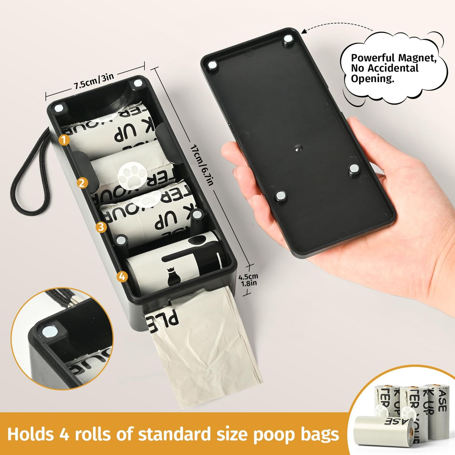 qeerable Dog Poop Bag Dispenser, Wall-Mounted Dog Bag dispenser Outdoor or Indoor for Doggy and Pets, Black Dog Poop Bag Holder for Yard and Park, Included 4 Rolls (60 Bags)