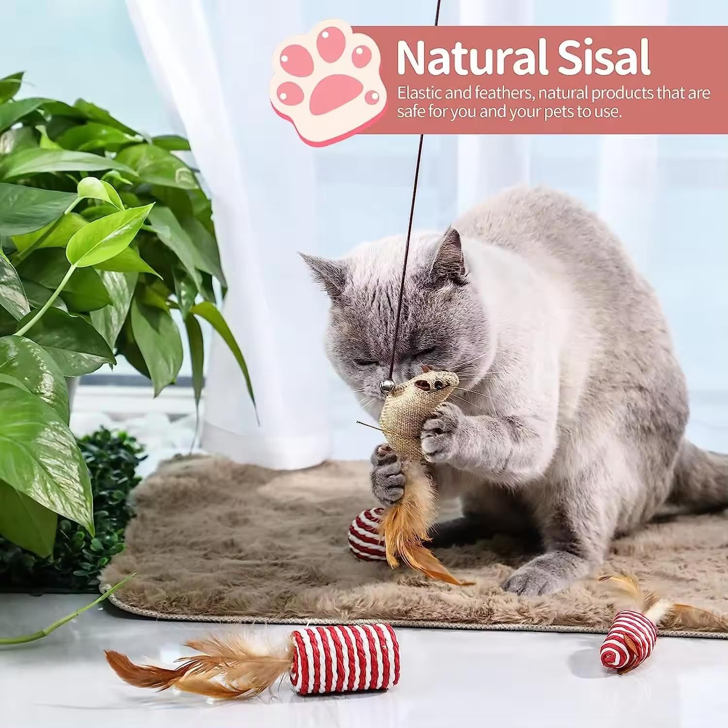 Shuffy Interactive Cat Toys | Natural Material | Pack of 7 | Cat Feather Toys | Sisal Material | Playing Indoor Cat Toy | Cat Wand Toy | Cat Nip Toys | Gift Box
