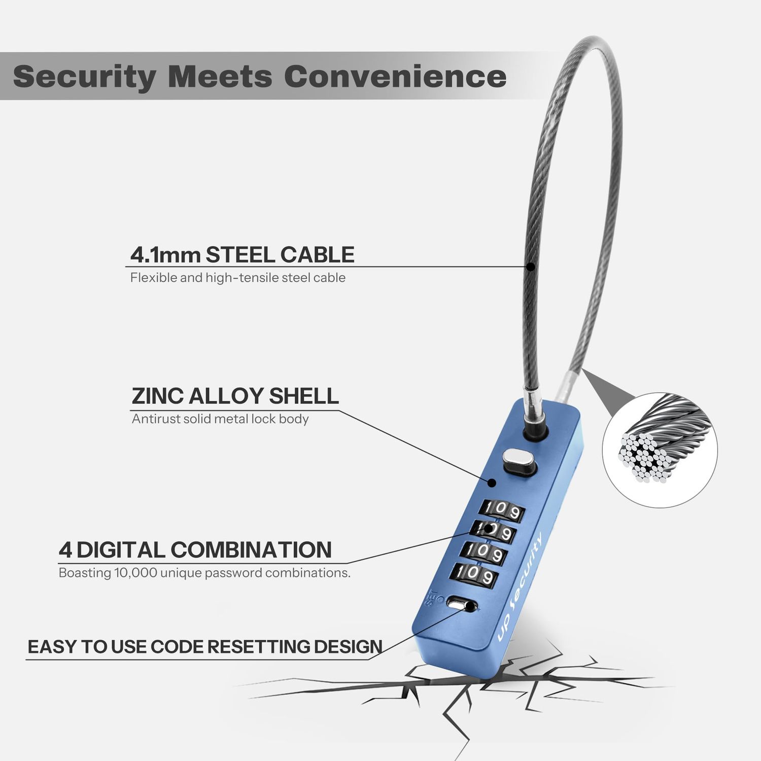 UP Security Combination Lock Keyless Cable Padlock with Steel Wire Rope, Resettable Combo Code Anti-Theft for Locker, Cabinet, Fence, Gate, Pet Door, Bike Helmet Safe (Blue, 11.8"(30cm) Short Cable)