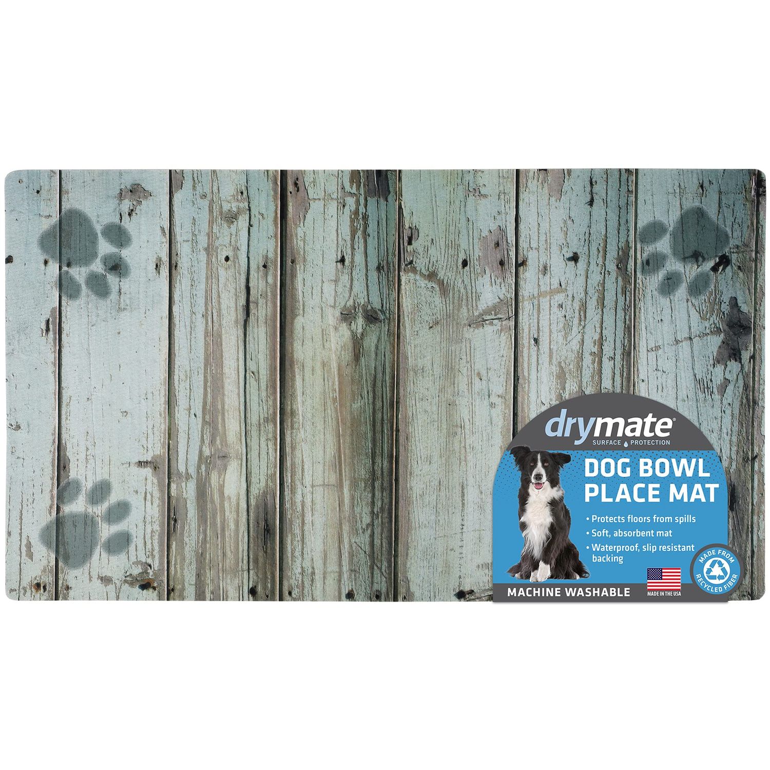 Drymate Pet Bowl Placemat, Dog & Cat Food Feeding Mat - Absorbent Fabric, Waterproof Backing, Slip-Resistant - Machine Washable/Durable (USA Made) (16” x 28”) (Distressed Wood Green)