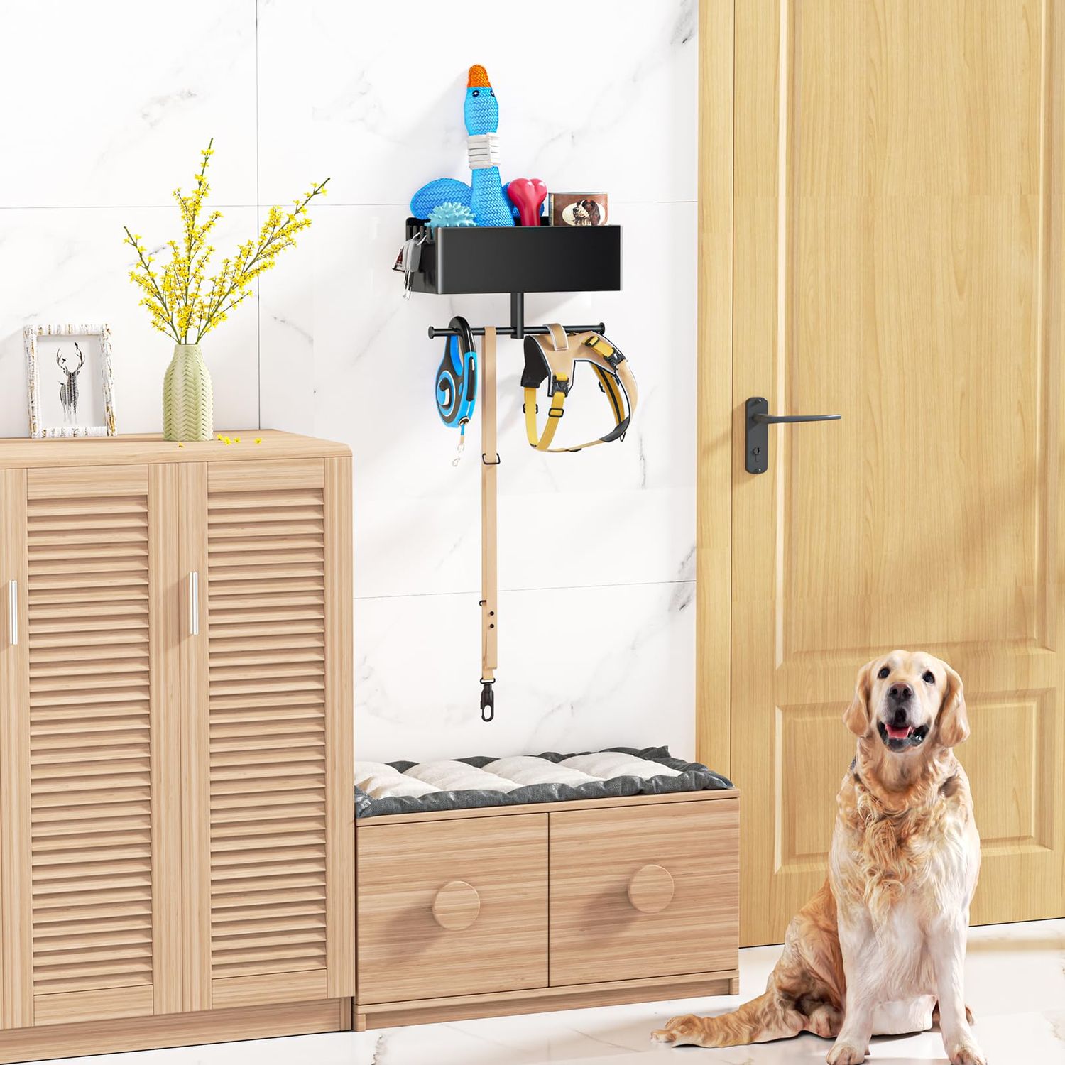 Dog Leash Holder for Wall, Dog Stuff Organizer with Shelf for Dog Poop Bag Holder, Dog Leash Hooks for Dog Supplies Storage, Dog Leash Hanger Organizer Rack for Dog Leash, Collar, Toys, Treats, Keys