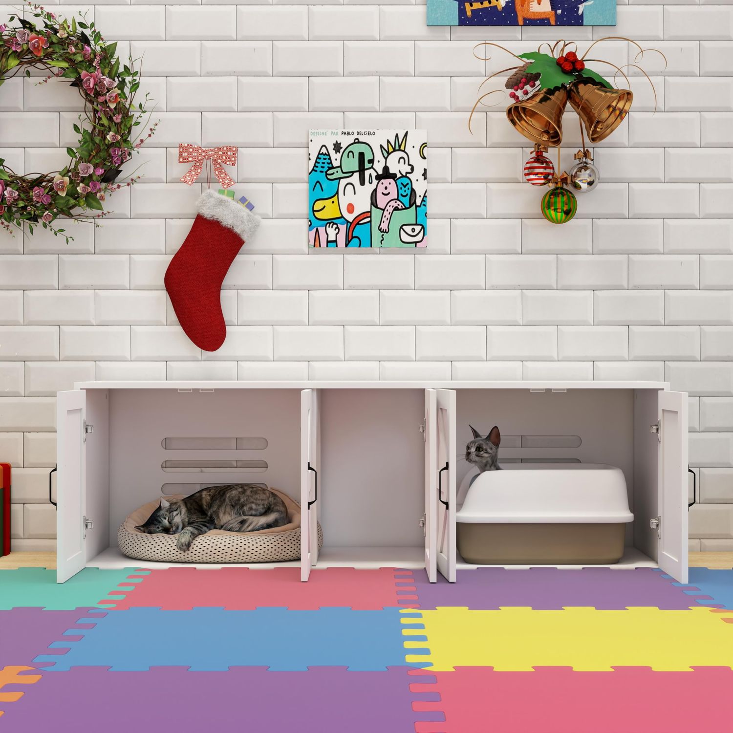 Cat Litter Box Enclosure Hidden for 2, Farmhouse Litter Box Furniture with Double Room, Front Entry Cat Door House, Wooden Side End Table, TV Stand with Storage