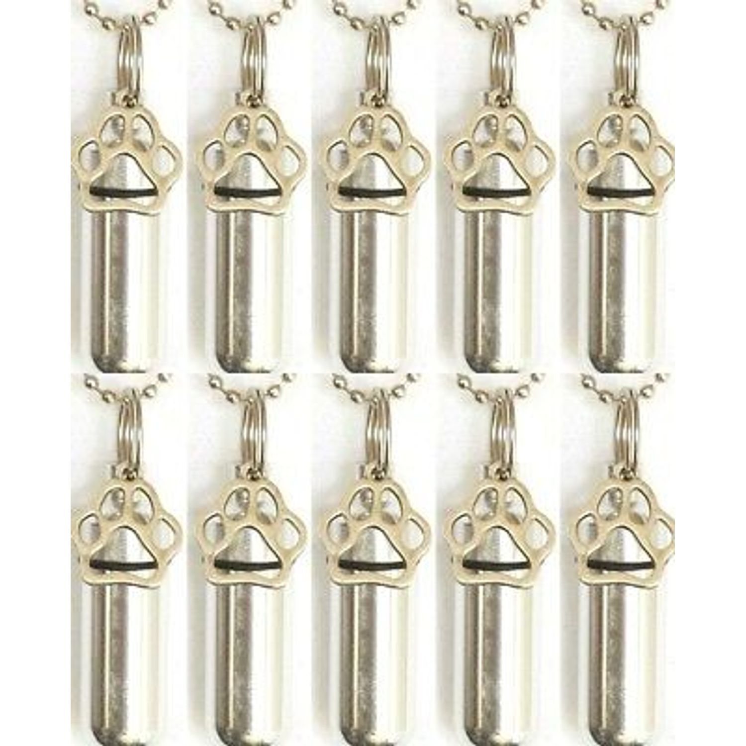 Set of 10 Silver Pet/Dog/Cat PAW CREMATION URN Necklaces, with Velvet Pouches