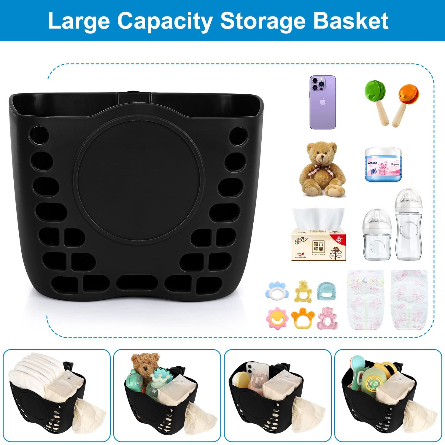 Accmor Universal Stroller Organizer Basket, Clip On Stroller Cup Holder Organizer Tray, Stroller Organizer Basket Accessory Fits for Uppababy, Nuna Doona, Baby Jogger, Britax, Pet Strollers