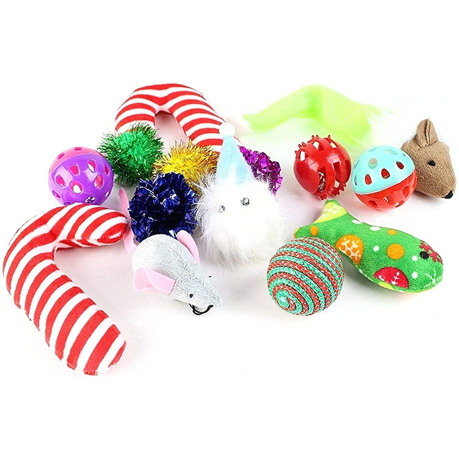 Midlee Christmas Stocking Cat Toy Gift Set (14 Toys)- Candy Canes, Bells, Mice Kitten Holiday Toys