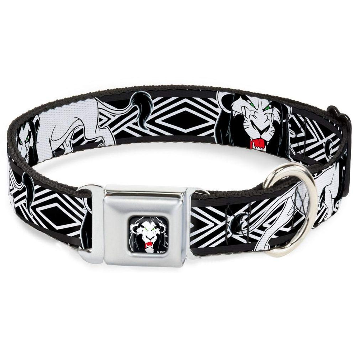 Dog Collar Seatbelt Buckle Lion King Scar Poses White Black 15 to 26 Inches 1.0 Inch Wide