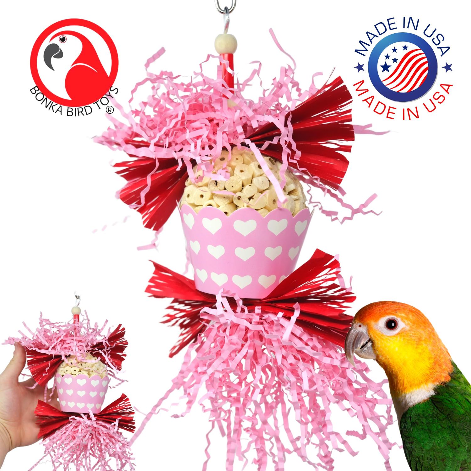 Bonka Bird Toys 1000 Sola Love - 7" H x 4" W, Natural Sola Ball with Vibrant Paper Decorations, Cockatiels, Parakeets, Conures, and Similar Sized Breeds.