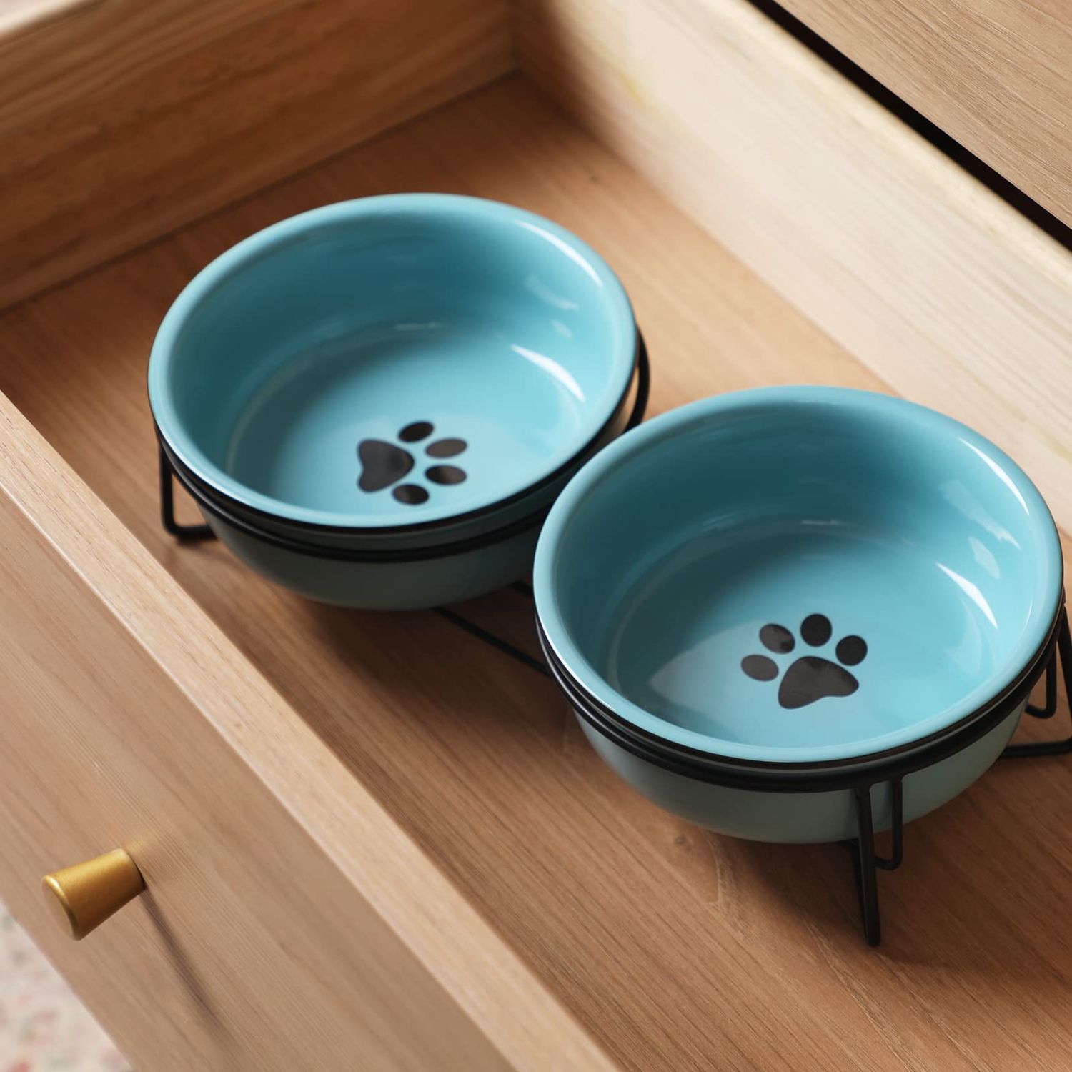 GDCZ Ceramics Raised Cat Small Dog Bowls with Heighten Metal Stand for Pet Food 15 Ounces, Turquoise