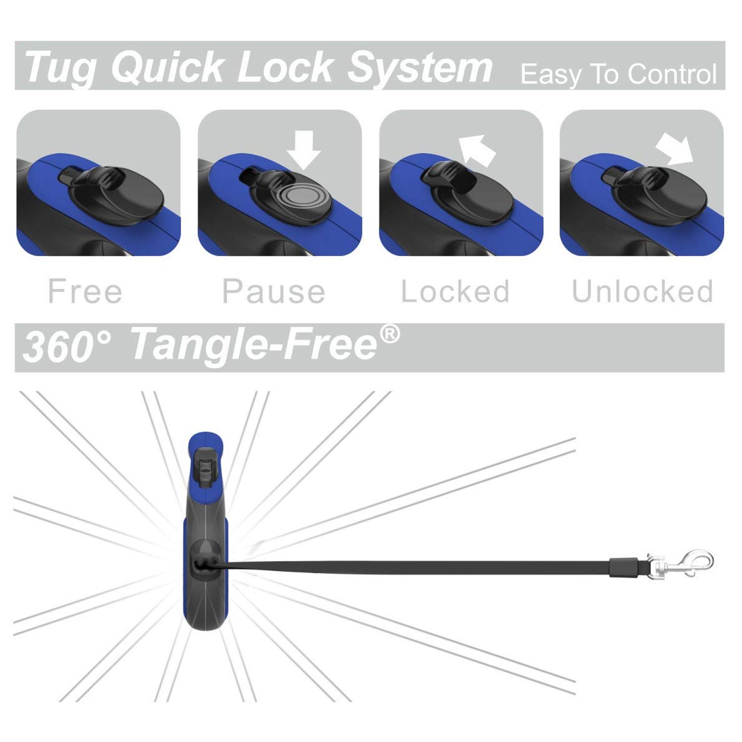 TUG 360° Tangle-Free Retractable Dog Leash with Waste Bag Dispenser (Medium, Blue)