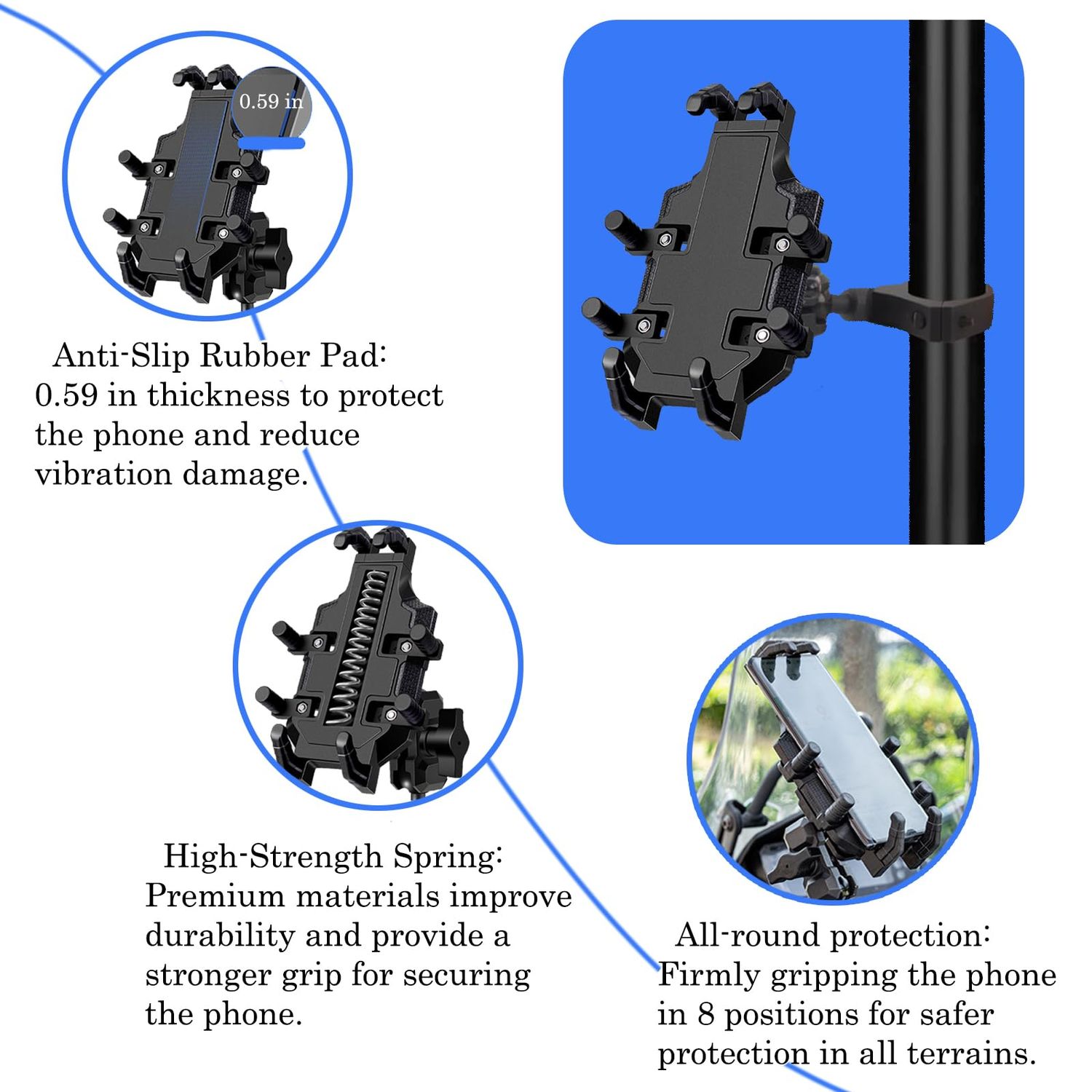 UTV Phone Mount with Shock-Absorbing Cushion Module, Suitable for 1.5-2-in Roll Bar. The UTV Phone Holder Allows for a 720° Rotation at Any Angle,Can Be Easily Installed and Removed with One Hand.