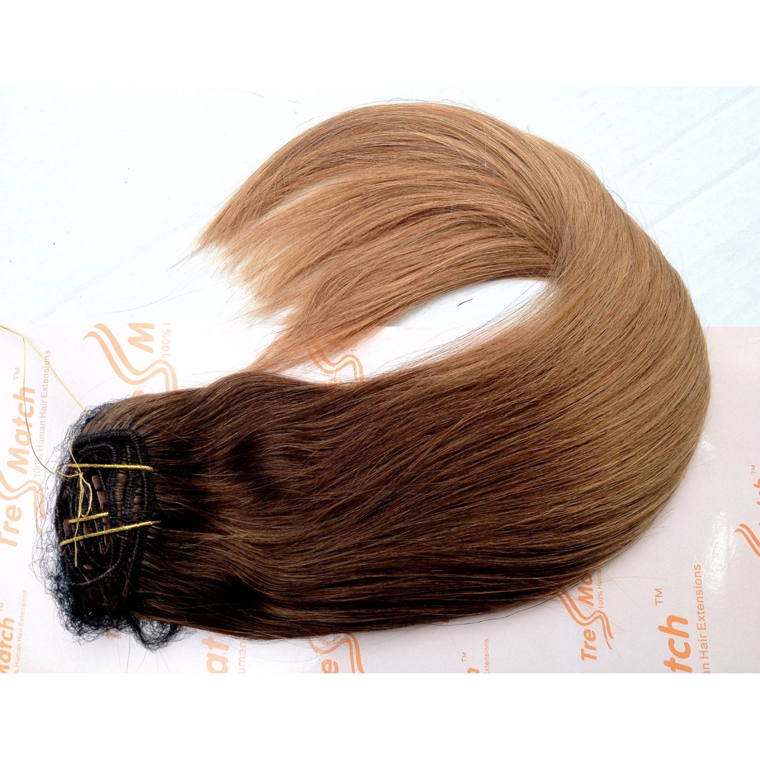 TRESSMATCH® 20”(22") Clip in Remy (Remi) Human Hair Extensions Ombre/dip Dye Chestnut/medium Brown to Caramel Blonde 10 Pieces(pcs) Thick to Ends Full Head Volume Set [Set Weight:5.6oz/160grams]