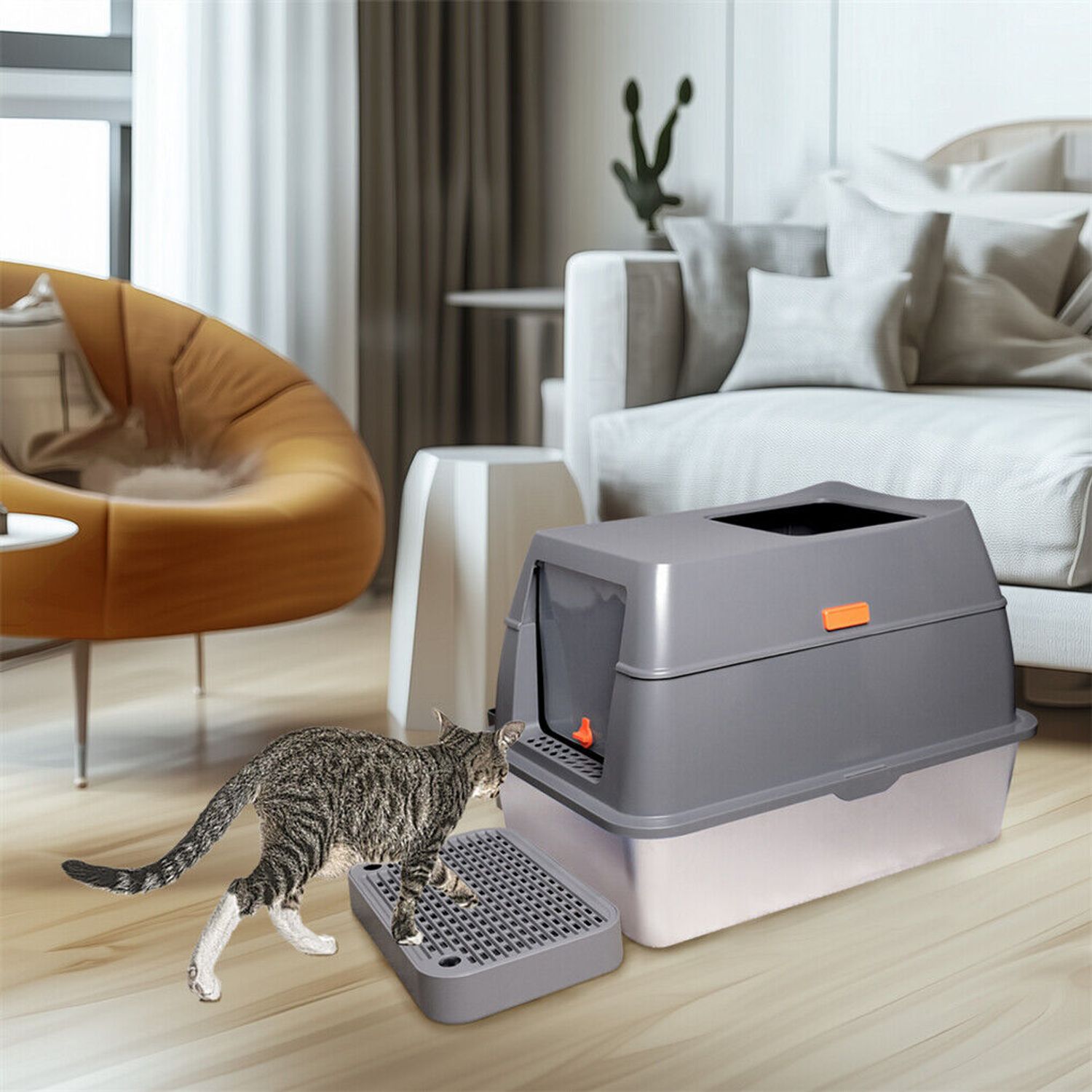 Large Stainless Steel Cat Litter Box Enclosed Cat Litter Tray w Sand Filter Peda