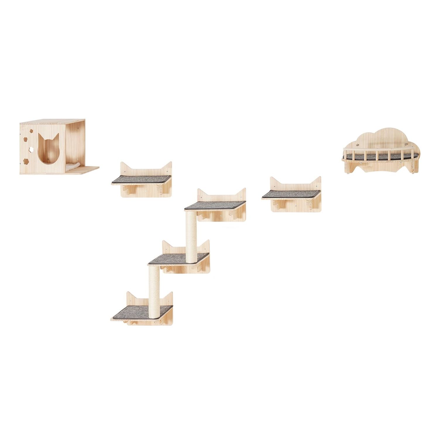 Happybuy Wall Mounted Cat Shelves, Cat Wall Shelves and Perches with Jumping Boards, Nest, Barrier Board & Cat Tree, Cat Floating Furniture up to 40 lbs for Sleeping, Playing, Climbing, Set of 5