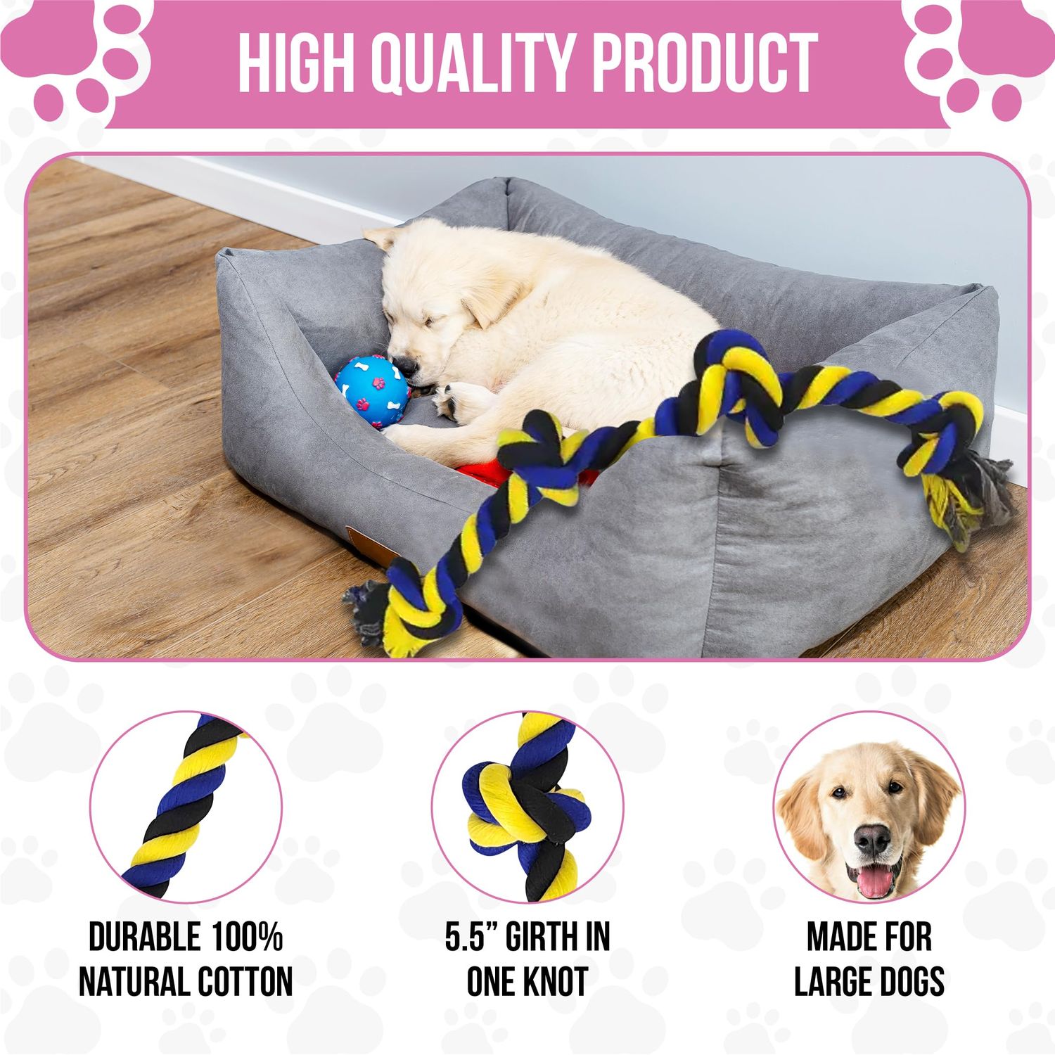 Petfecta- Dog Chew Toys - Indestructible Dog Toy for Aggressive Chewers, Natural Cotton Material, Promotes Dental Health, Extra Long & Durable, Indoor & Outdoor Play, Bright Yellow & Blue