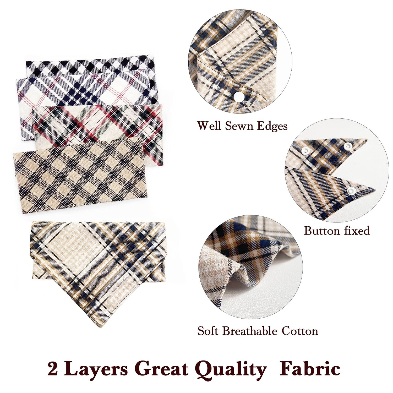 5PCS Dog Bandanas with Button - Thick Triangle Bibs Dual Layer Soft Cotton Scarves for Small Medium Boy Girl Puppy Cat Pet Baby Square Plaid Printing Washable Kerchief Halloween Costumes Outfits
