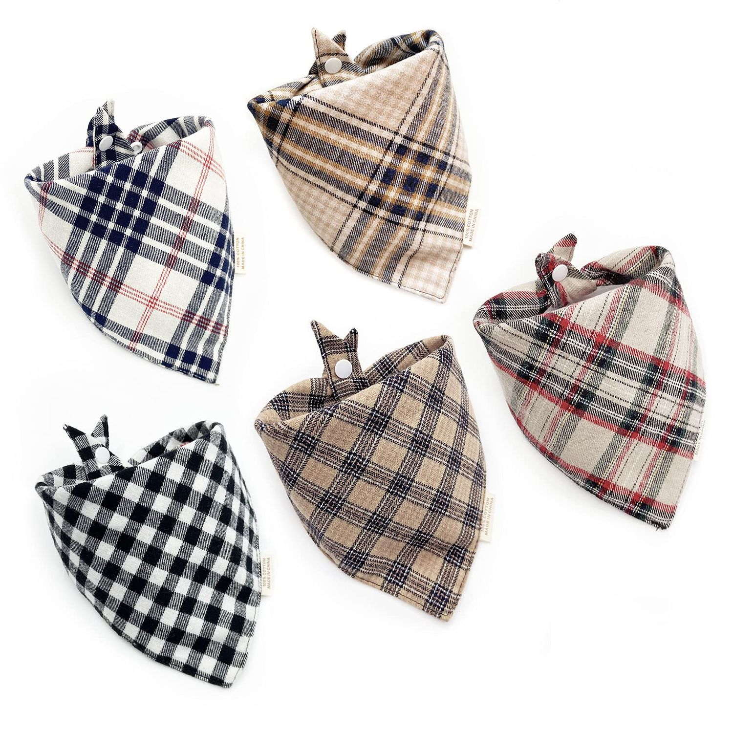 5PCS Dog Bandanas with Button - Thick Triangle Bibs Dual Layer Soft Cotton Scarves for Small Medium Boy Girl Puppy Cat Pet Baby Square Plaid Printing Washable Kerchief Halloween Costumes Outfits